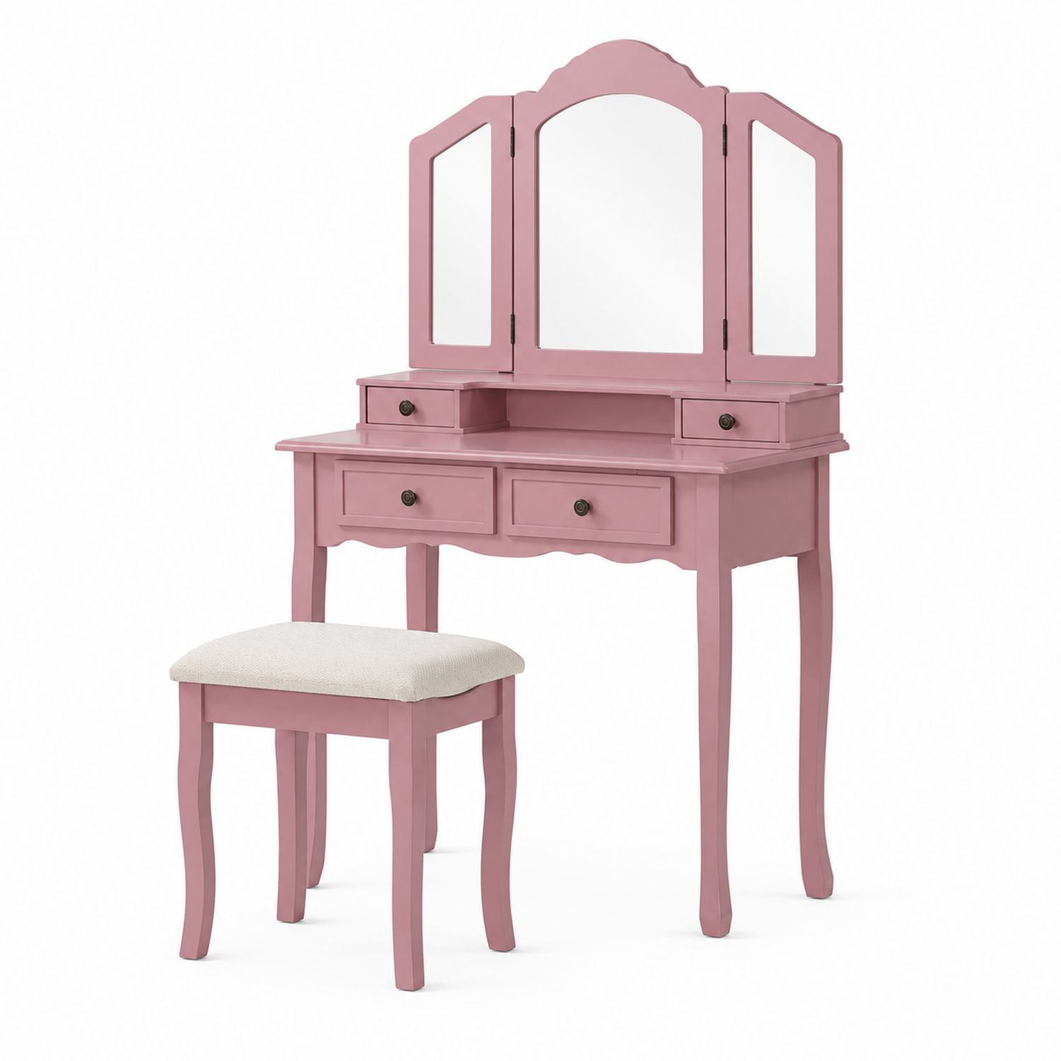 Toeletta con Specchio Trifacciale e Sgabello, Legno, Rosa