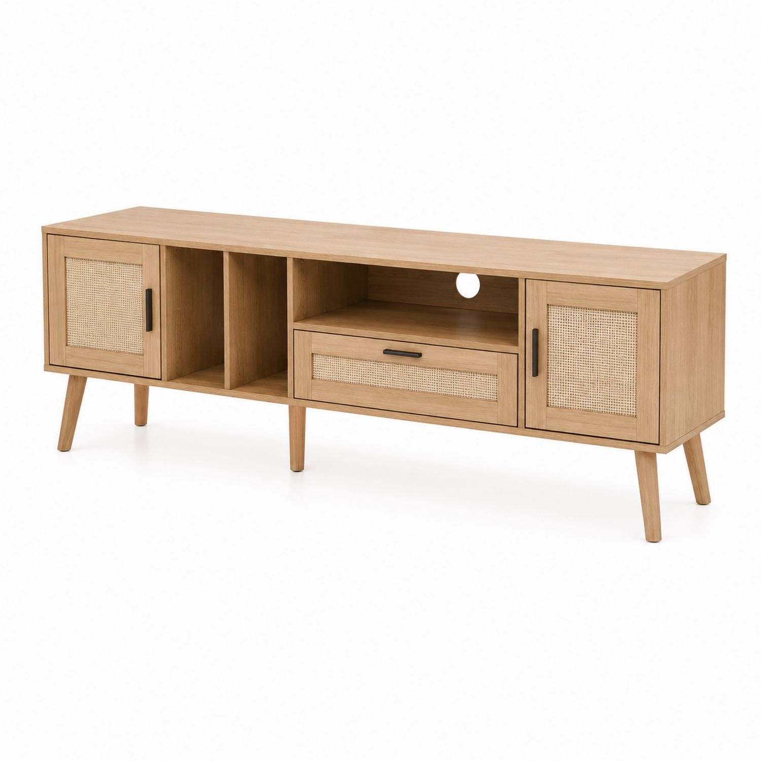 Mobile TV in legno con ante e cassetto in rattan 180x40x60 cm