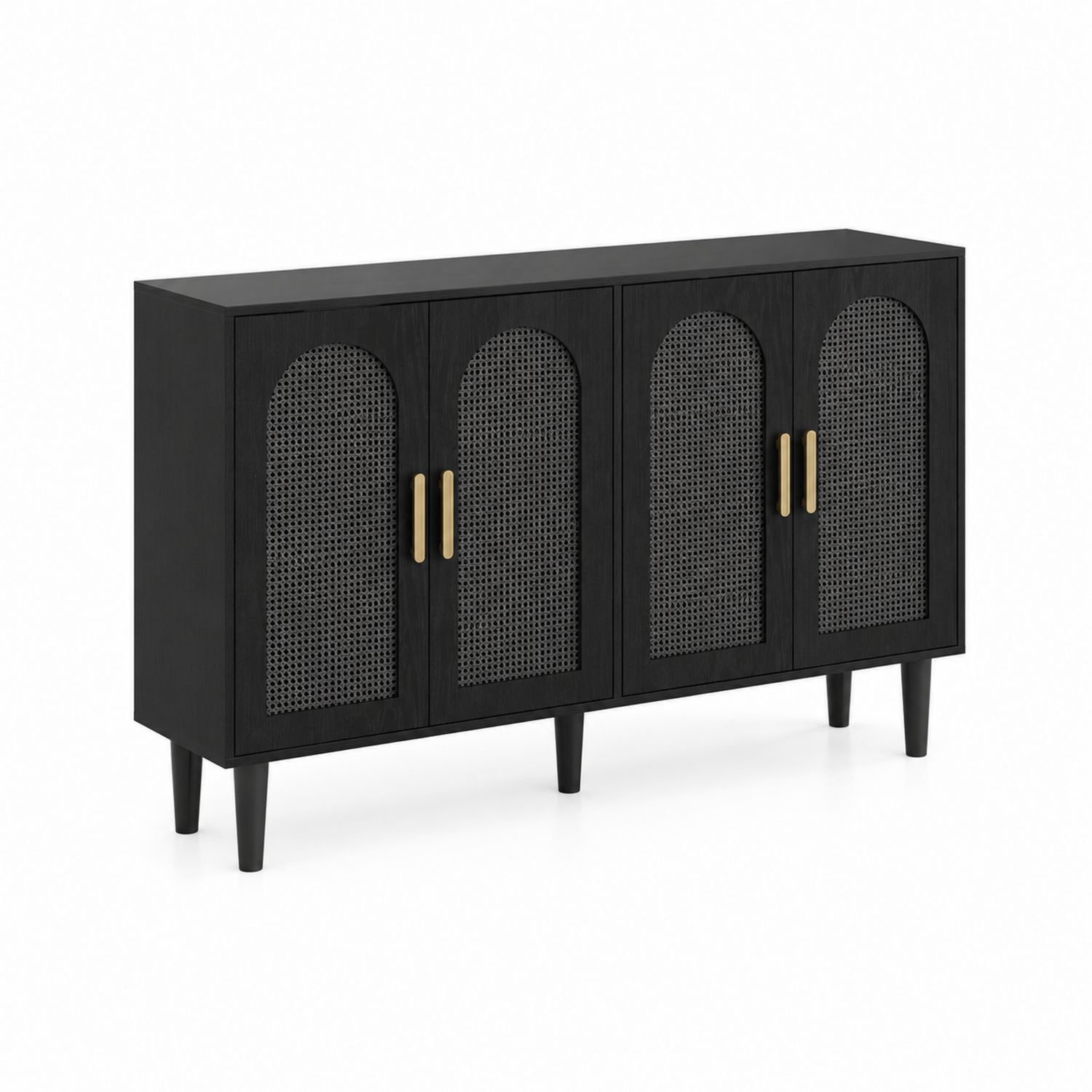 Credenza in legno nero con ante in rattan traforato