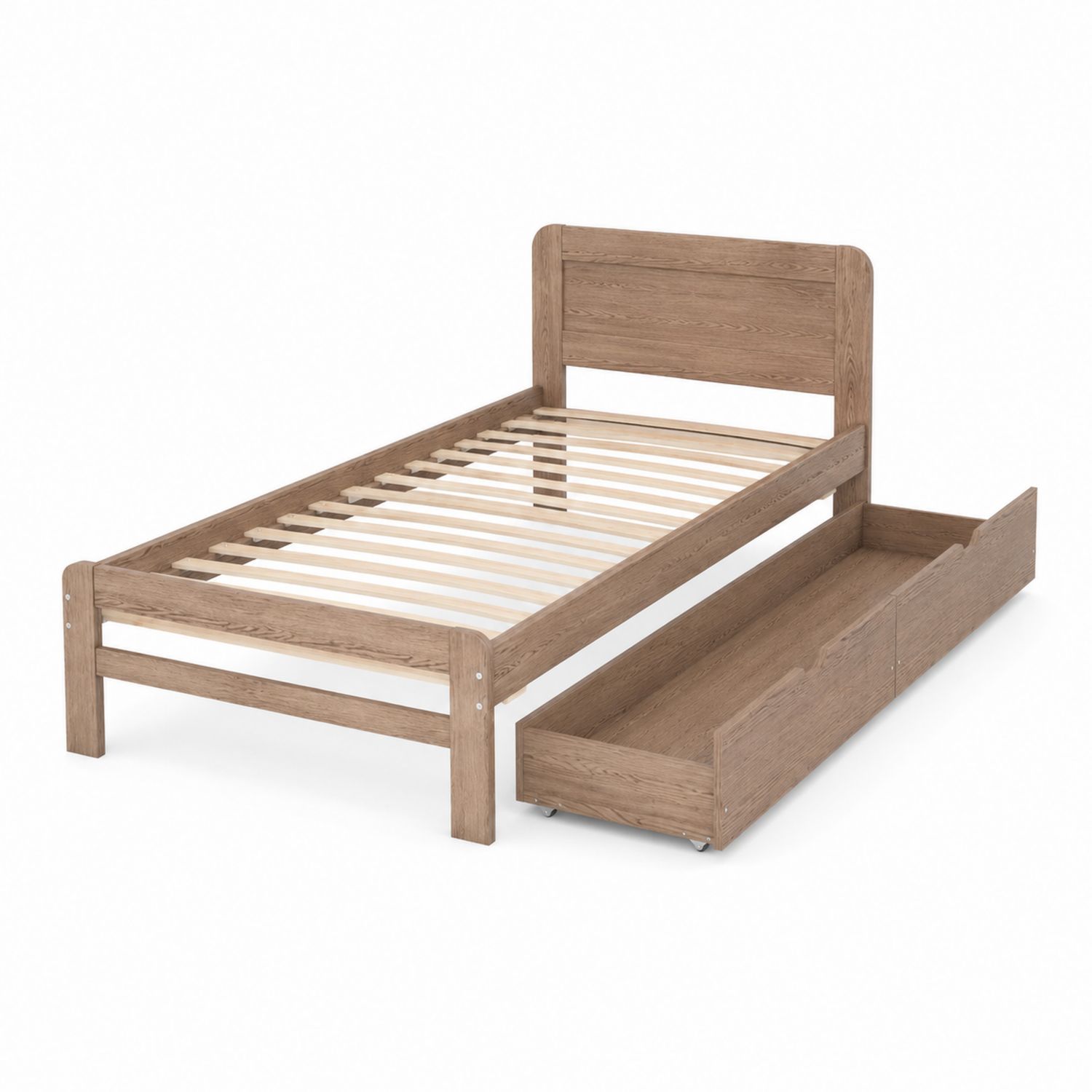 Letto singolo in legno di quercia con cassetto estraibile 200x90 cm Marrone