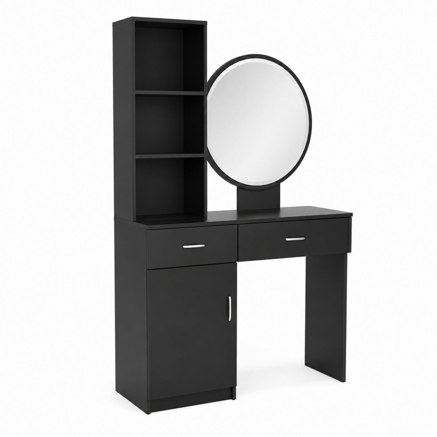 Tavolo da Toeletta con Specchio Rotondo e Scaffale in Legno Nero