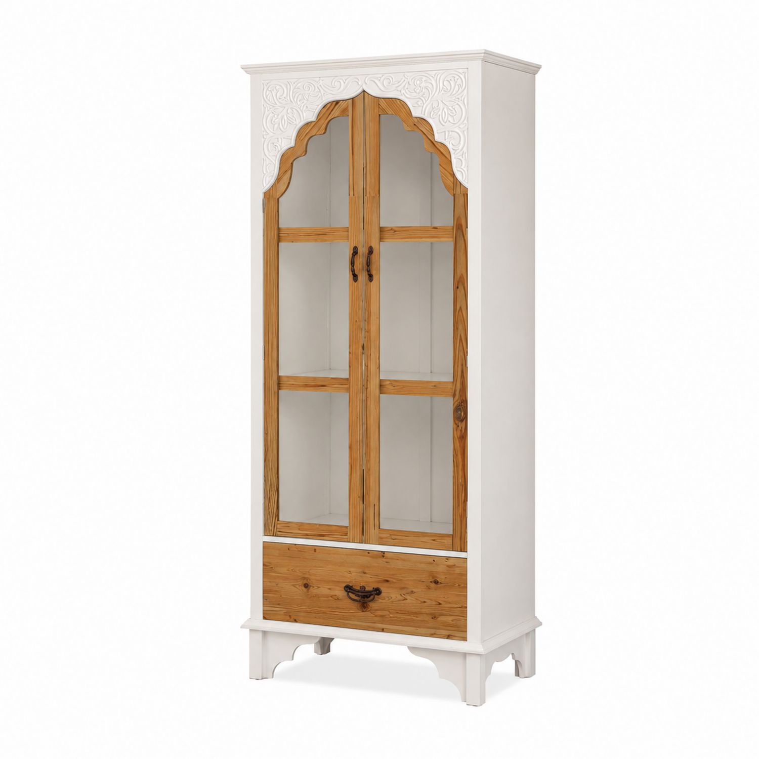 Vetrina in Legno di Pino con Ante in Vetro e Cassetto Bianco e Naturale