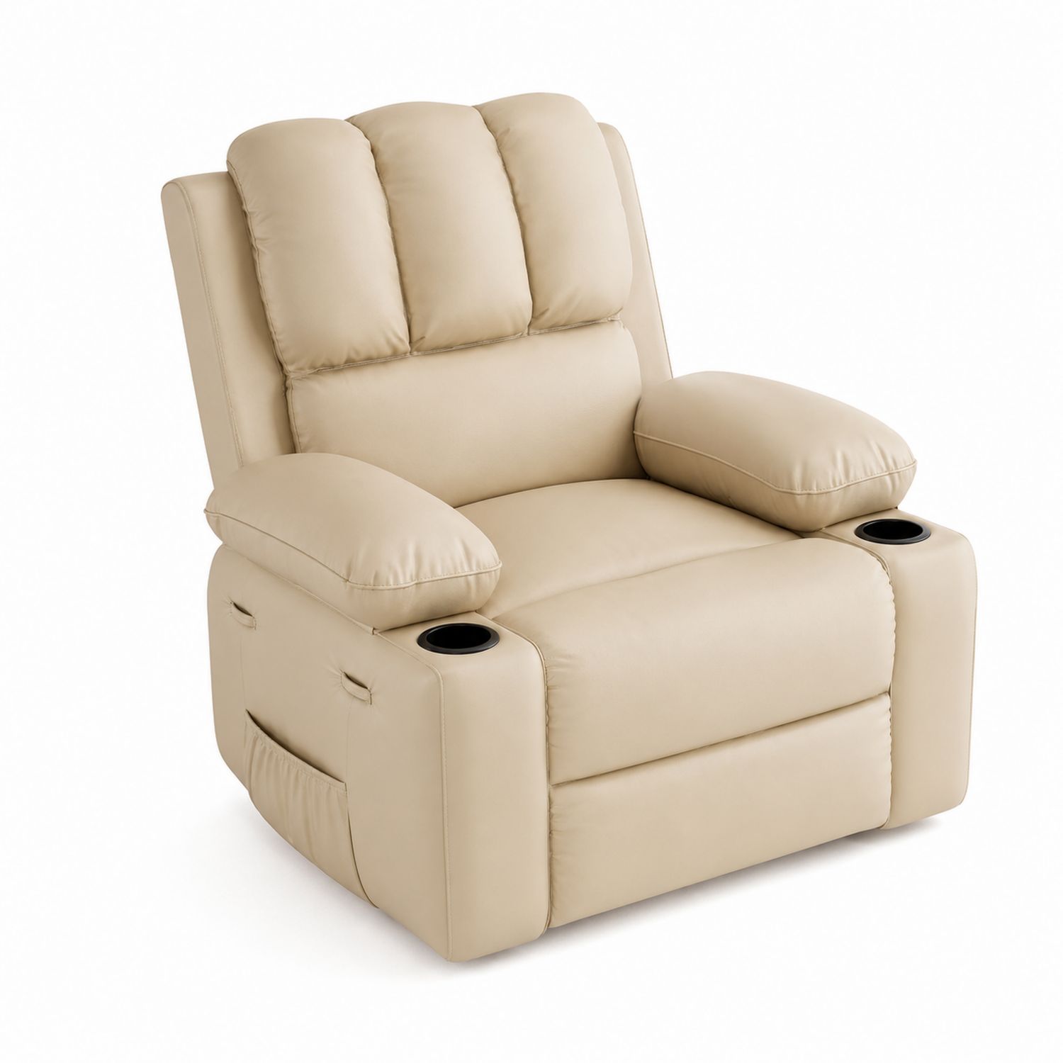 Sillón reclinable con reposabrazos y portavasos de cuero sintético beige-Valtrivaria