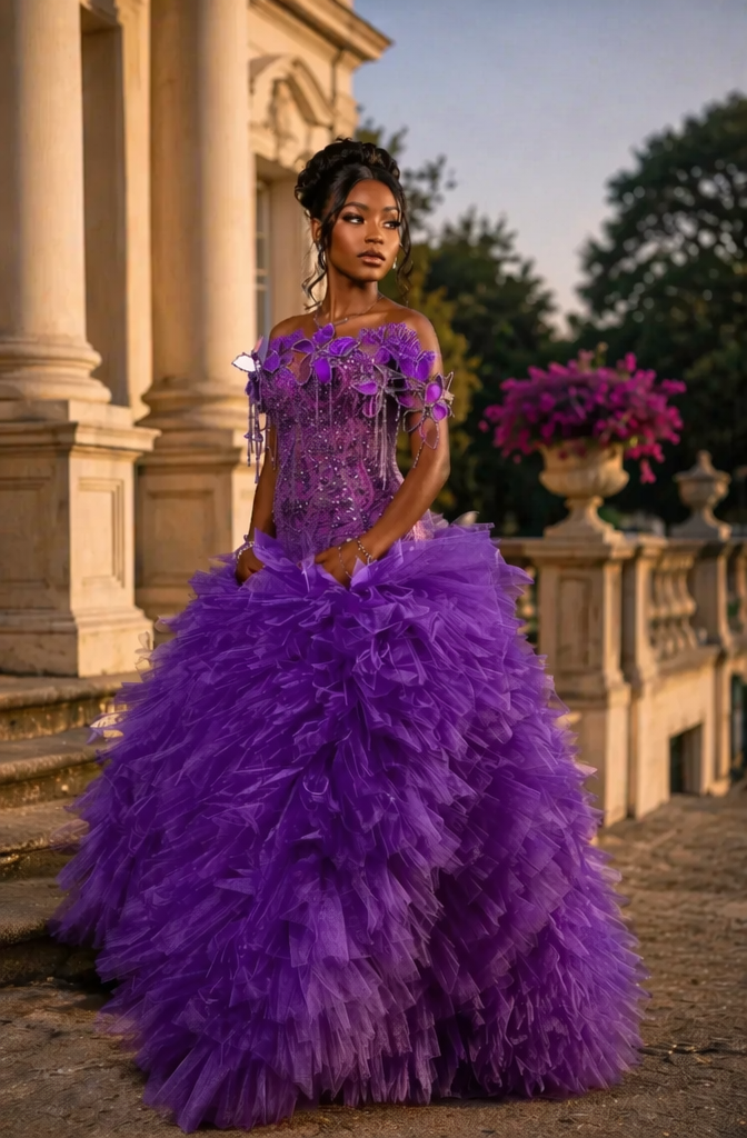 Royal Purple Off Shoulder 3D Butterfly Ball Gown Prom Dress with Ruffle Tulle | LLELLA