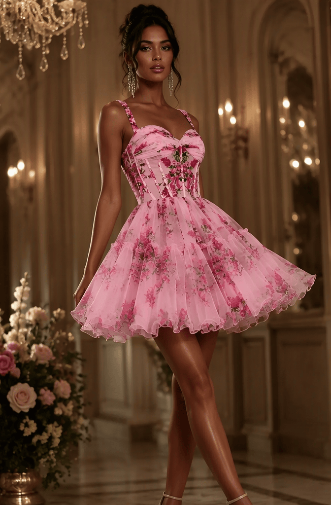Romantic Pink Floral A-Line Straps Short Print Tulle Homecoming Dress