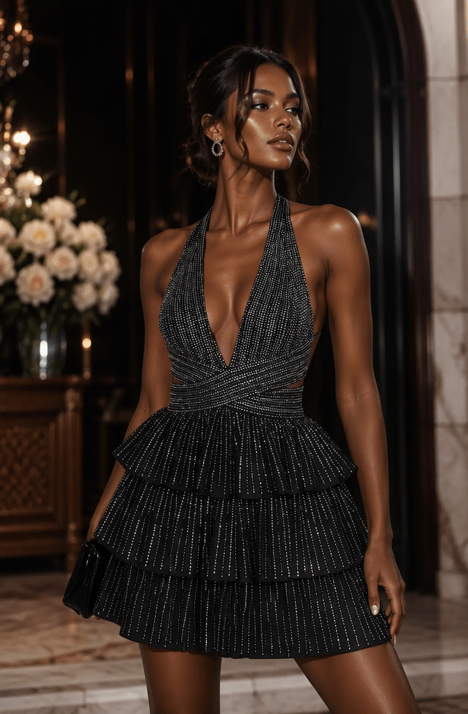 Sexy Deep V-Neck A-Line Cross Back Short Beaded Tiered Homecoming Dress