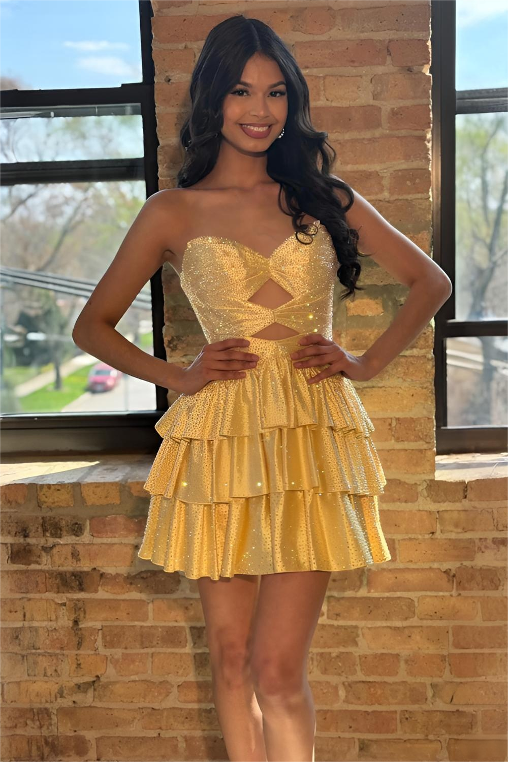 Sparkly A-Line Beaded Tiered Mini Hoco Dress with Cutout Bodice and Lace-Up Back