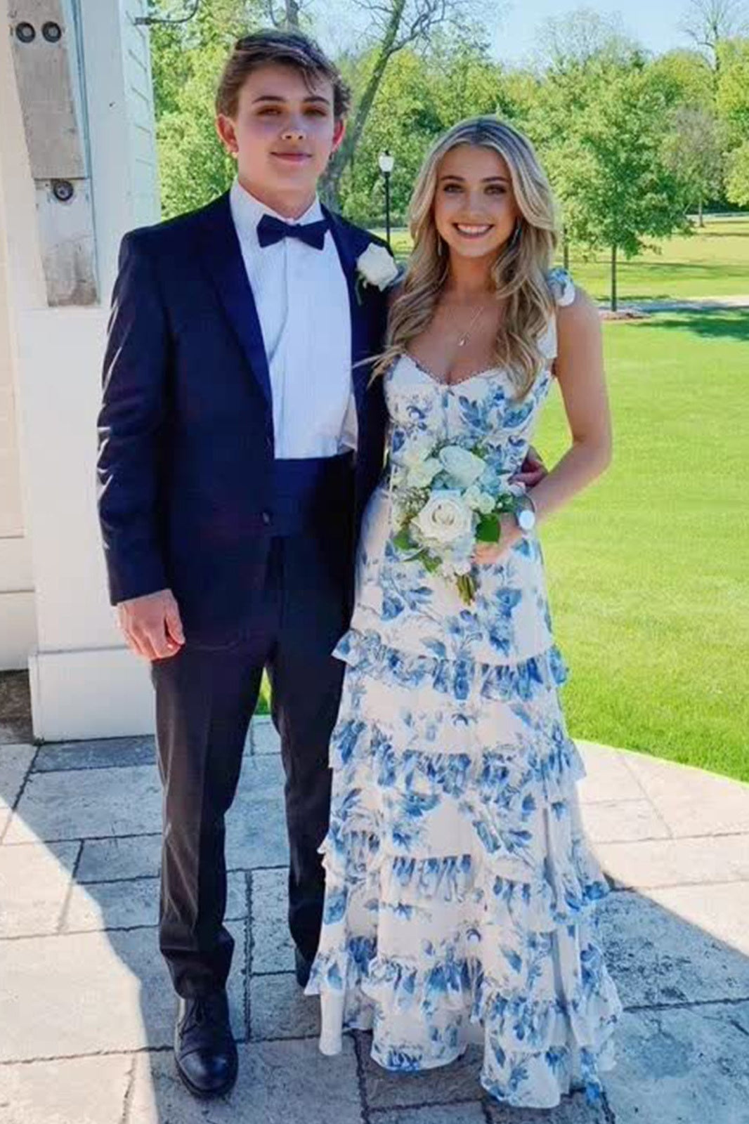 Beautiful A Line Sweetheart Blue Printed Long Prom Dress with Ruffles