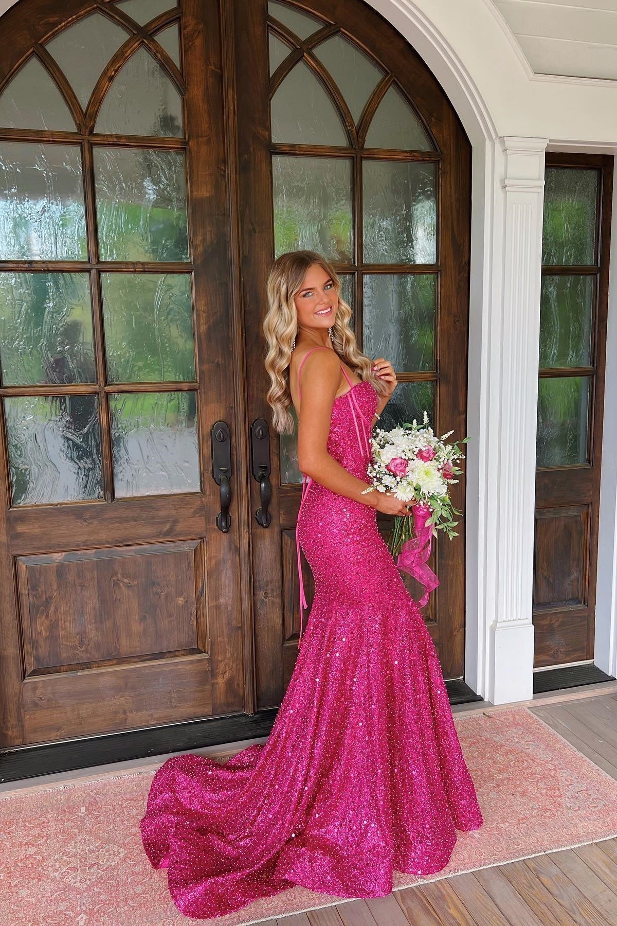 Bling Mermaid Spaghetti Straps Light Blue Sequins Long Prom Dress