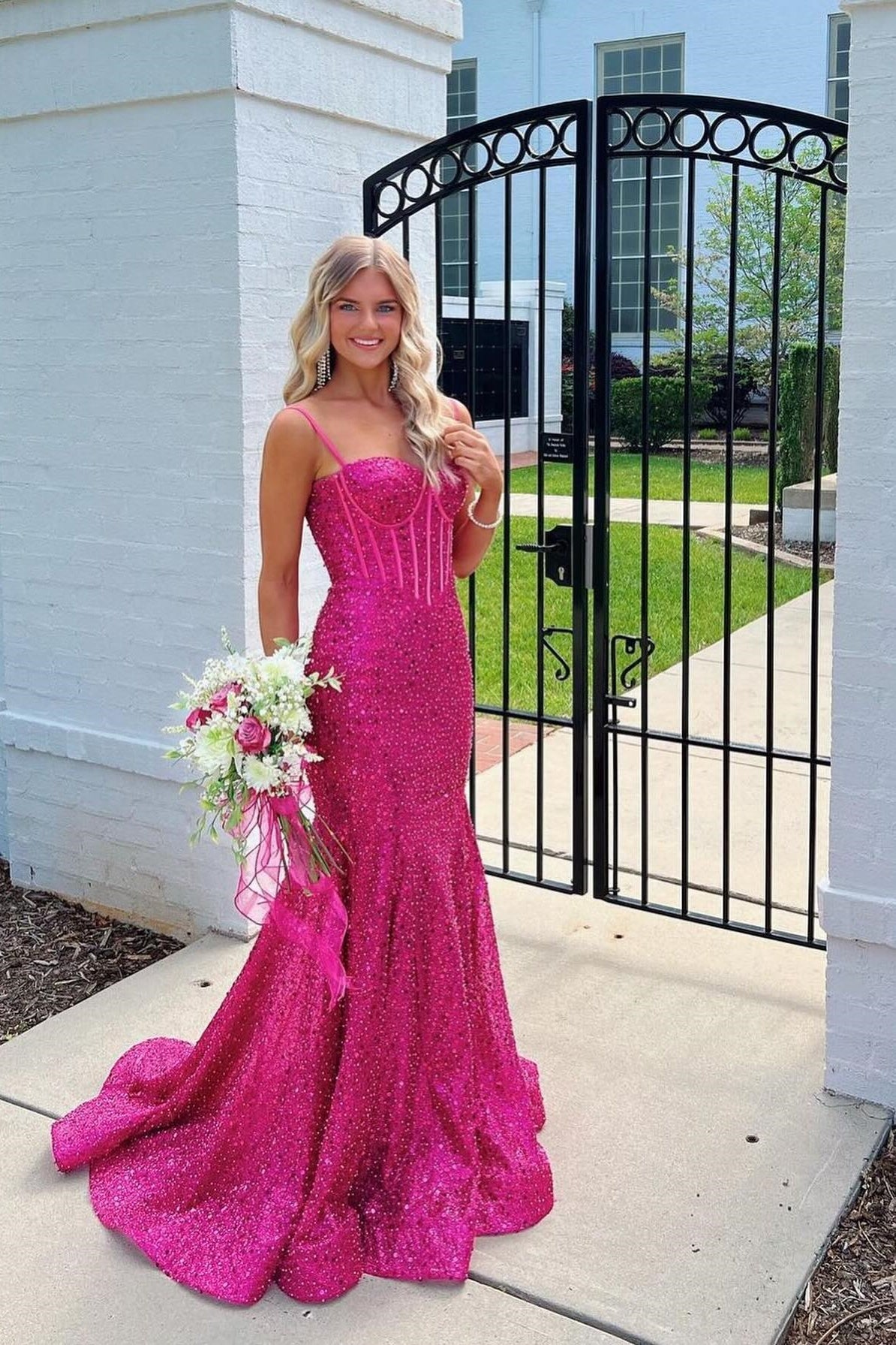 Bling Mermaid Spaghetti Straps Light Blue Sequins Long Prom Dress