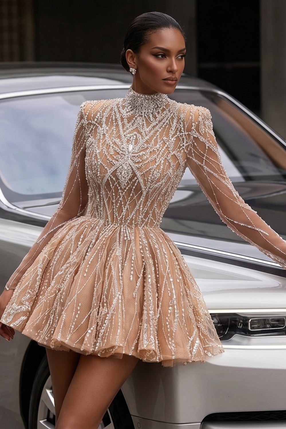 Champagne Crystal Beaded Homecoming Mini Party Dress | LLELLA