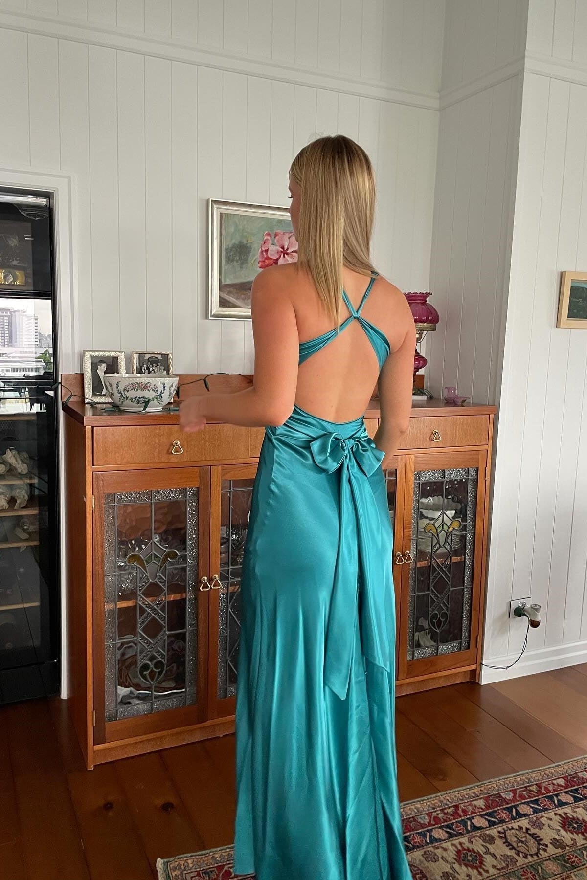 Chic Sheath Halter Neck Yellow Long Party Dress with Backless Bowknot