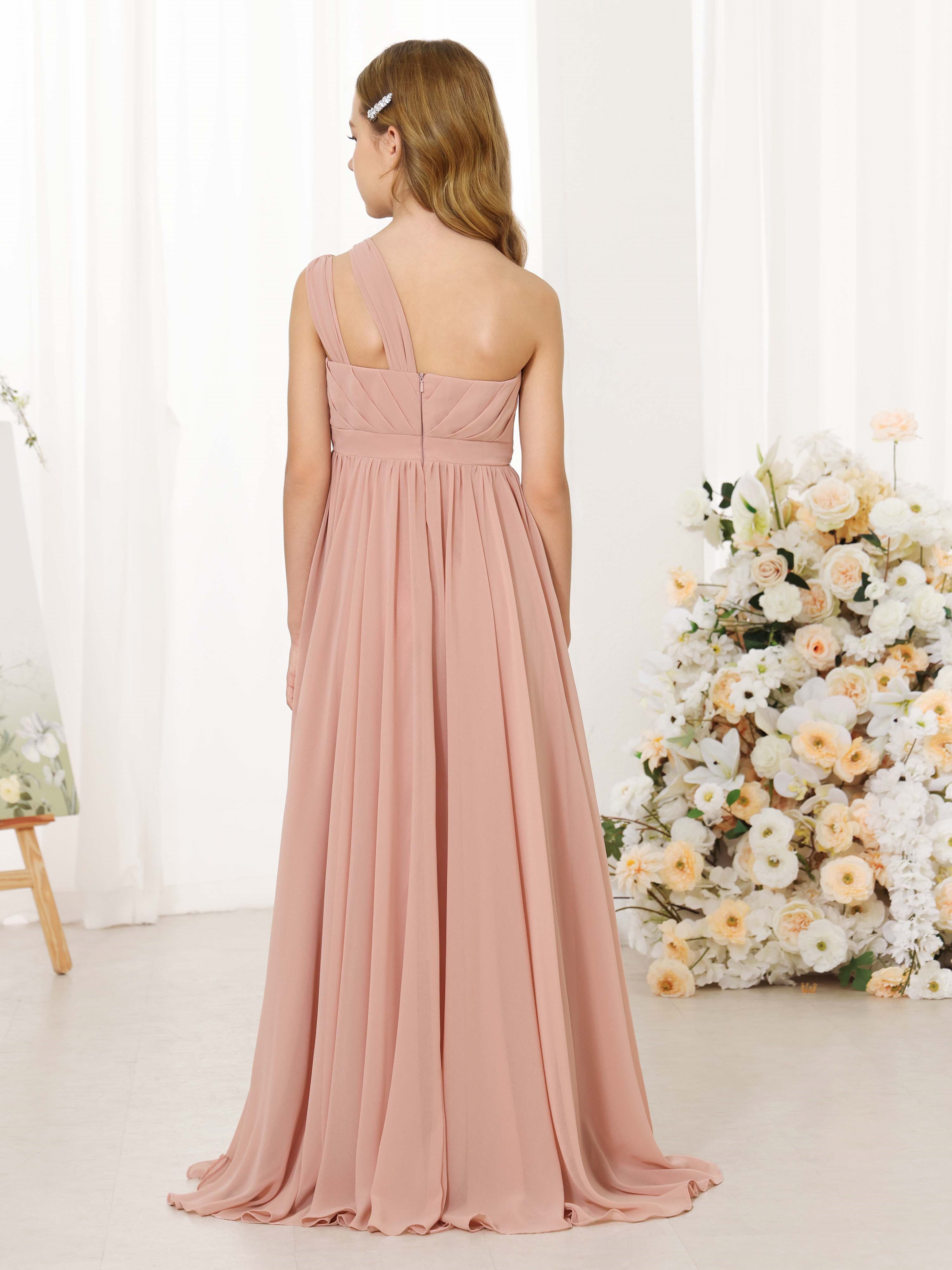 A-Line/Princess Chiffon Sleeveless One-Shoulder Floor-Length  Flower Girl Dresses