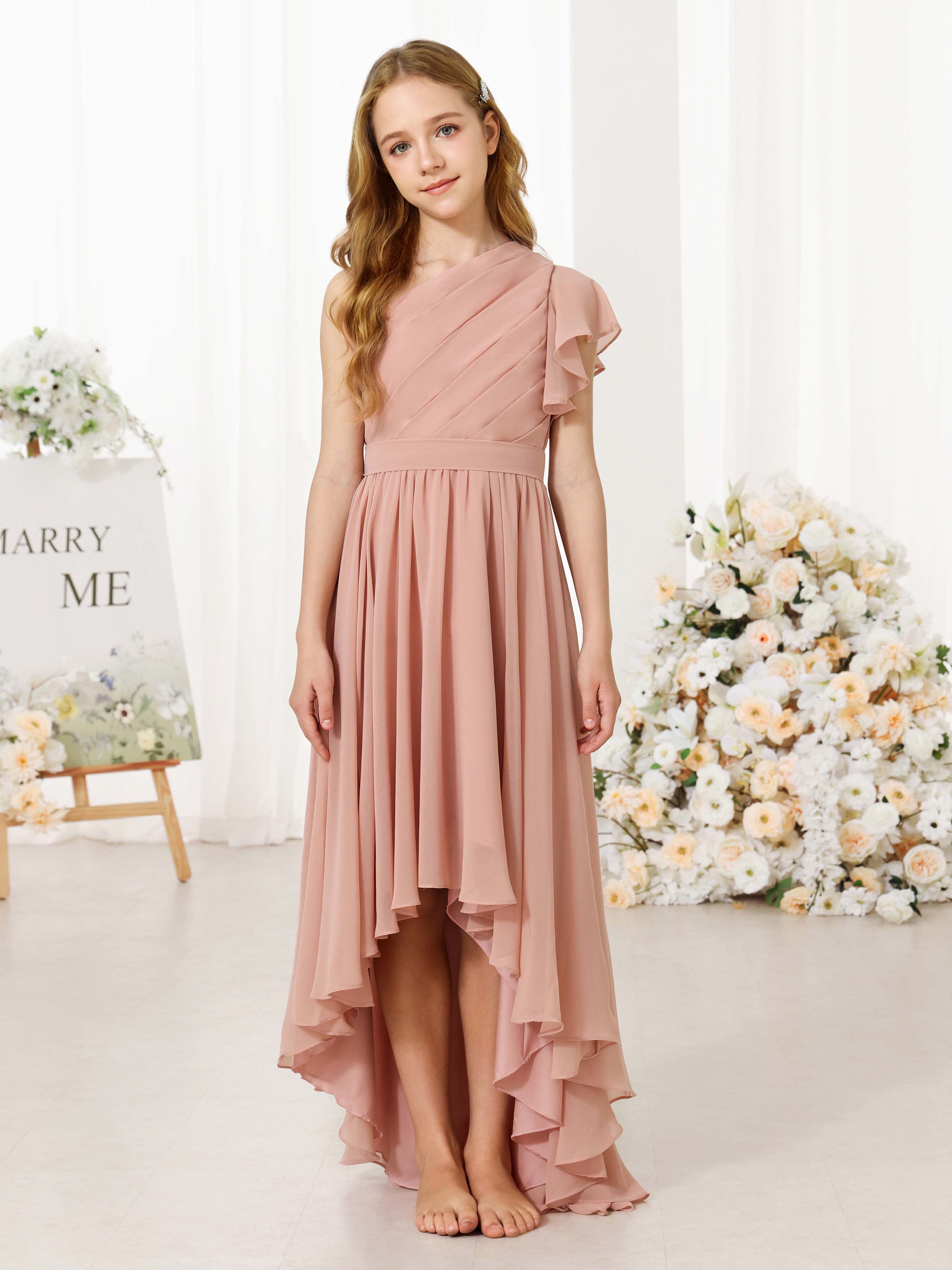 A-Line/Princess Chiffon Short Sleeves One-shoulder Asymmetrical  Flower Girl Dresses