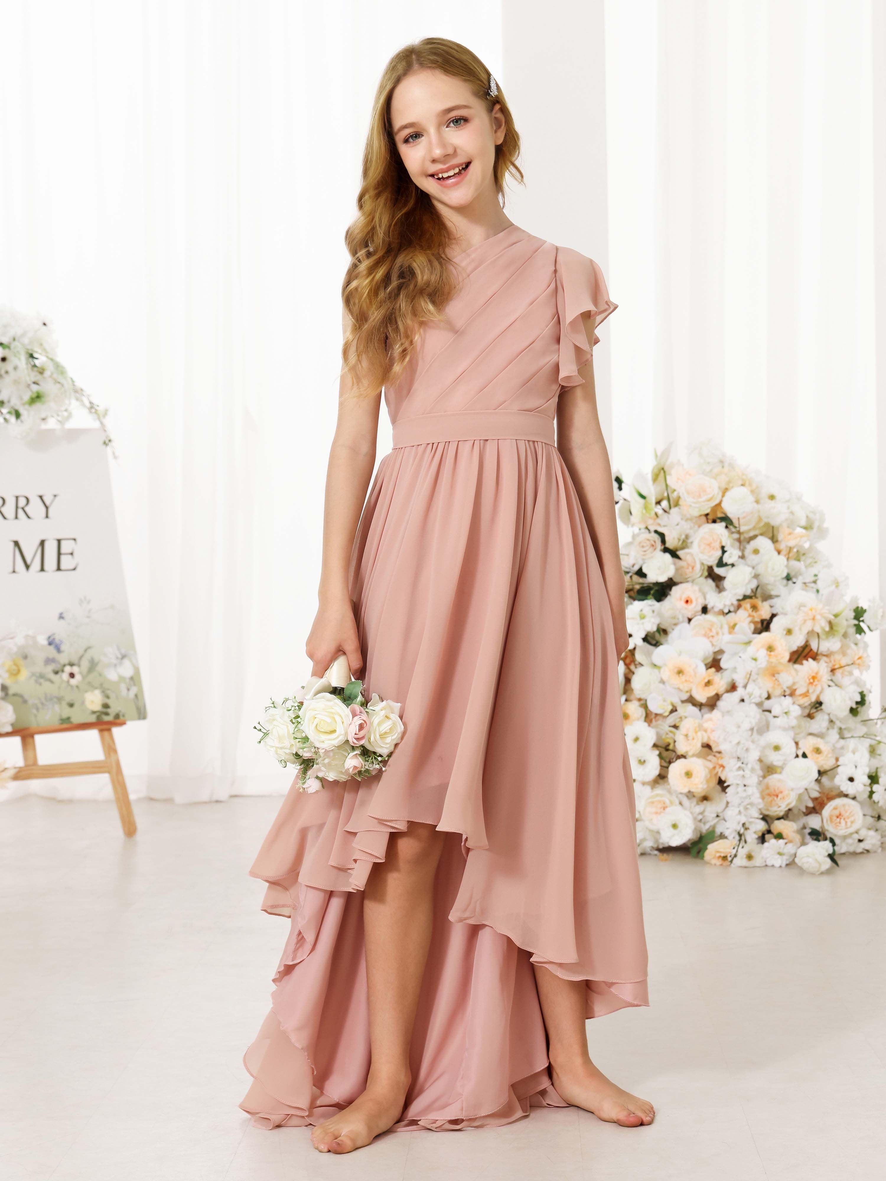 A-Line/Princess Chiffon Short Sleeves One-shoulder Asymmetrical  Flower Girl Dresses