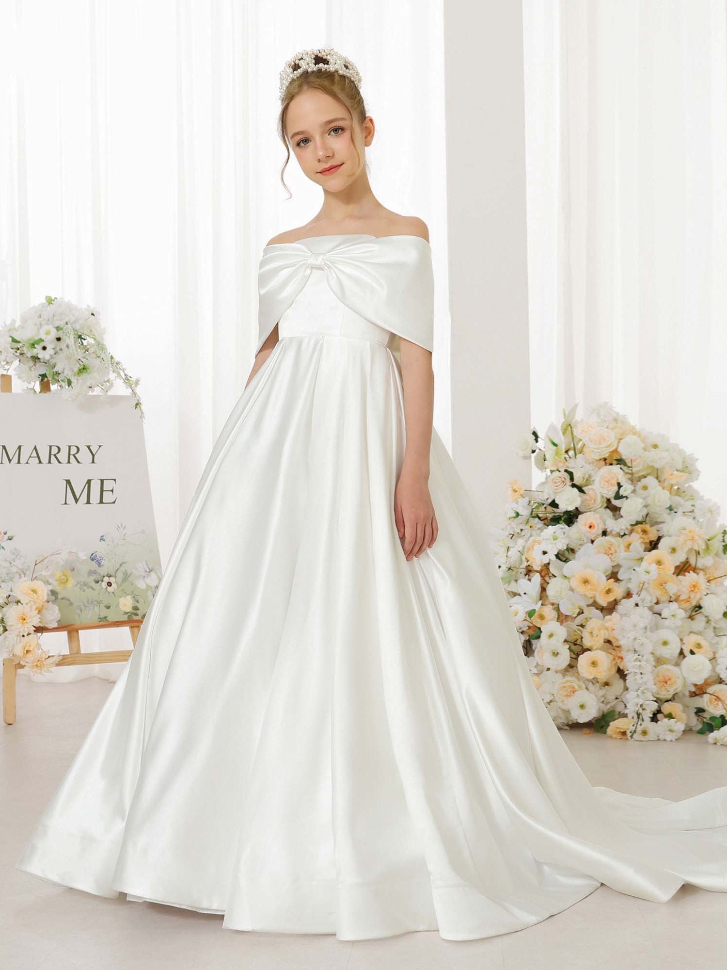 Empire Satin Short Sleeves Off-the-shoulder Floor-Length  Flower Girl Dresses
