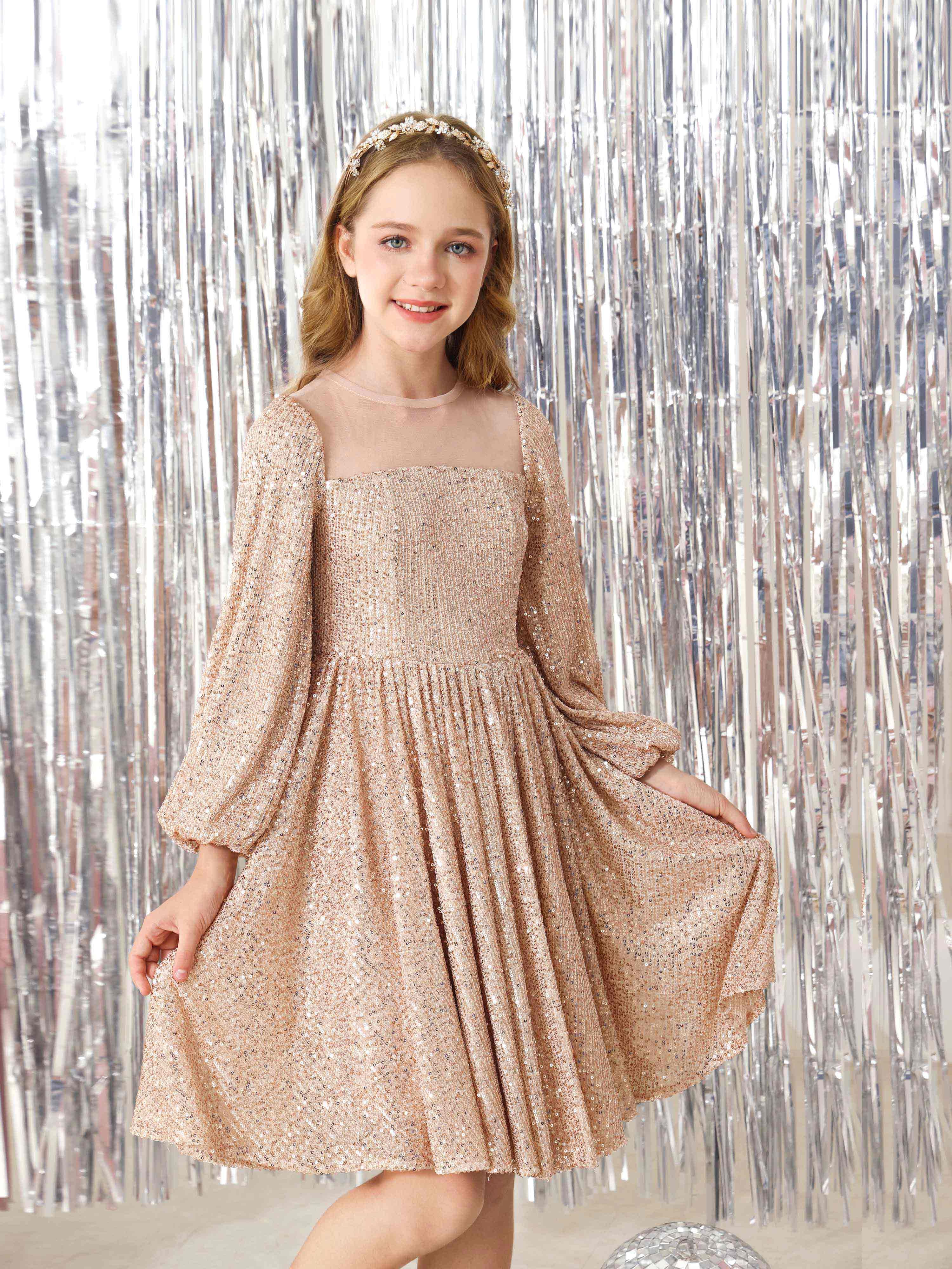 A-Line/Princess Sequin  Long Sleeves Scoop Neck Knee-Length Flower Girl Dresses As Pic
