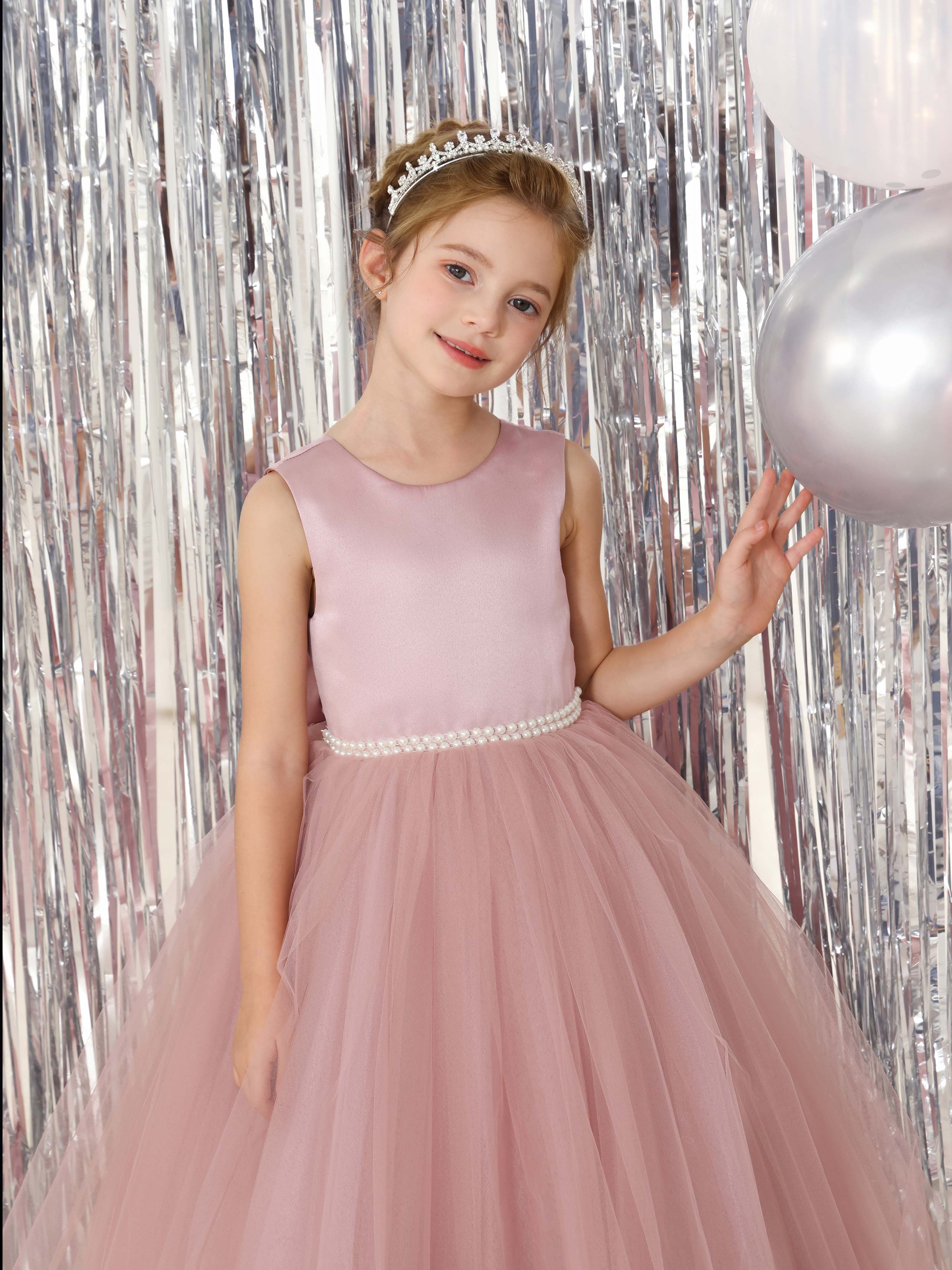 Ball-Gown Tulle  Satin Sleeveless Scoop Neck Floor-Length Flower Girl Dresses