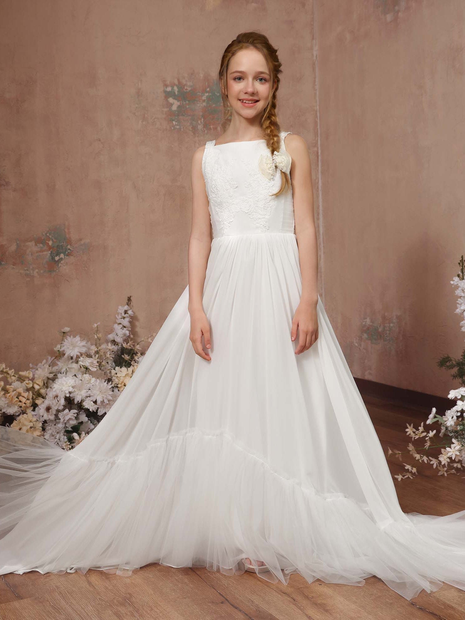 A-Line/Princess Tulle Sleeveless Square Neck Floor-Length Flower Girl Dresses White