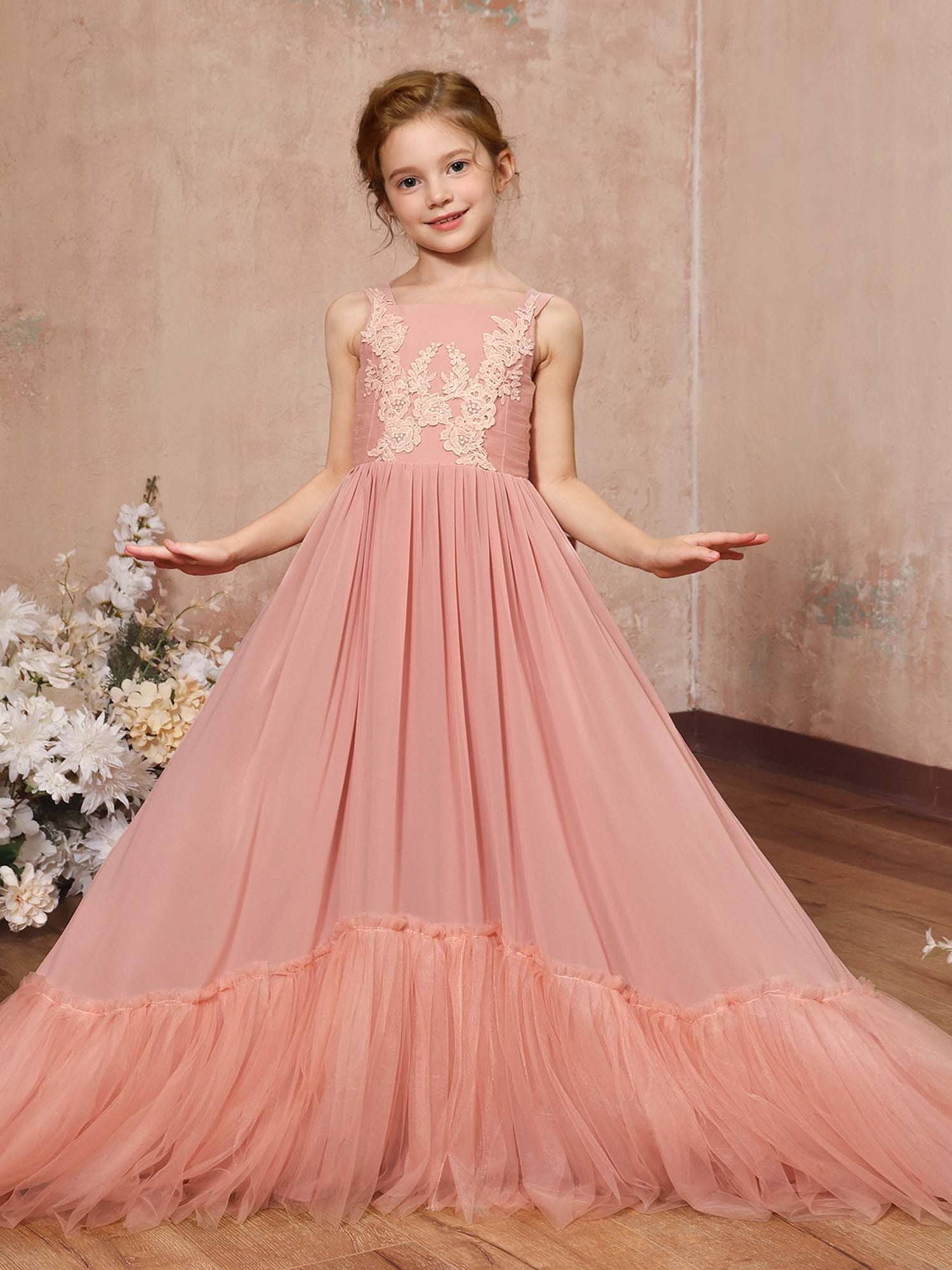 A-Line/Princess Chiffon Sleeveless Square Neck Floor-Length Flower Girl Dresses