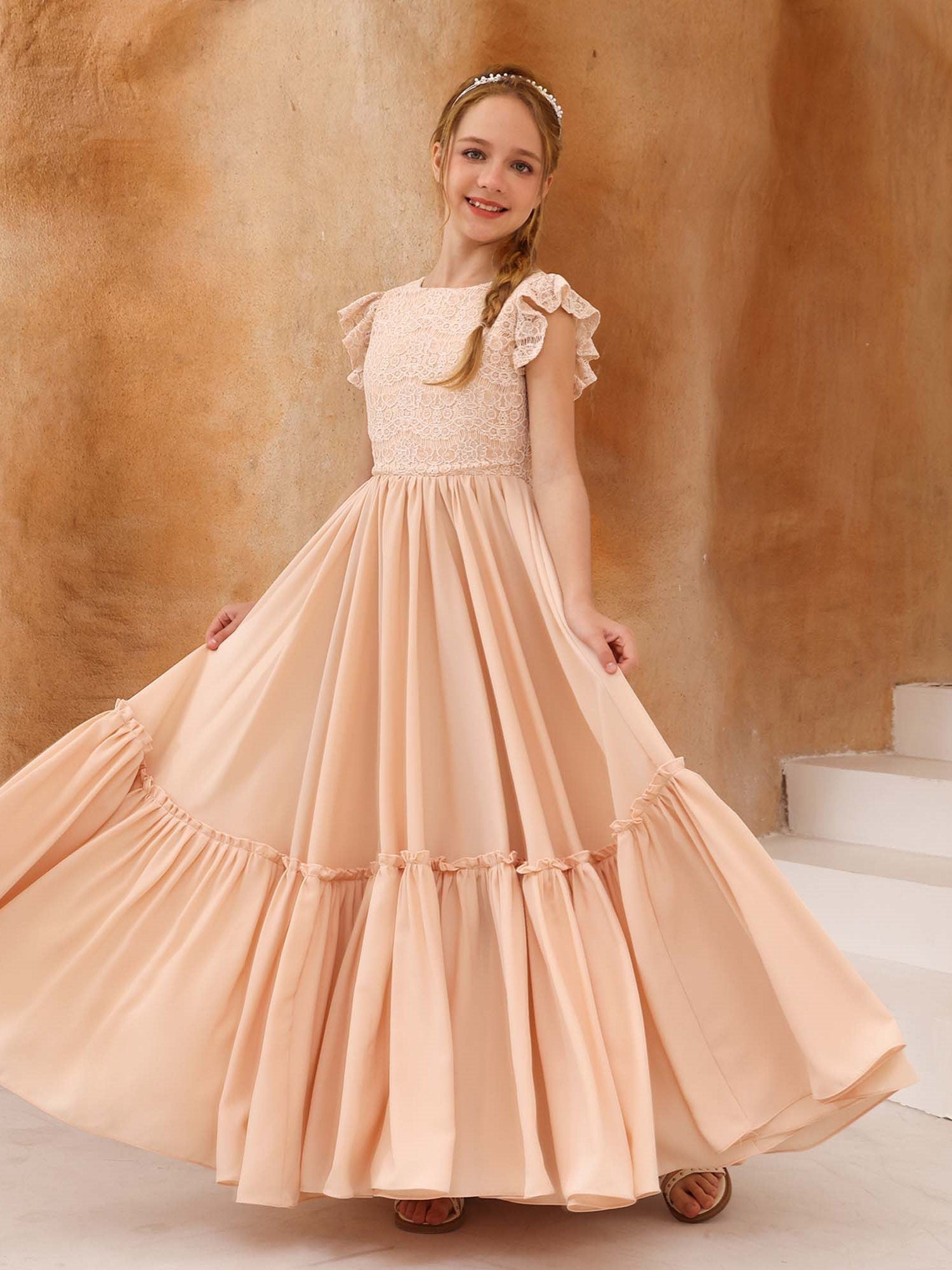 A-Line/Princess Lace Short Sleeves Scoop Neck Floor-Length Flower Girl Dresses