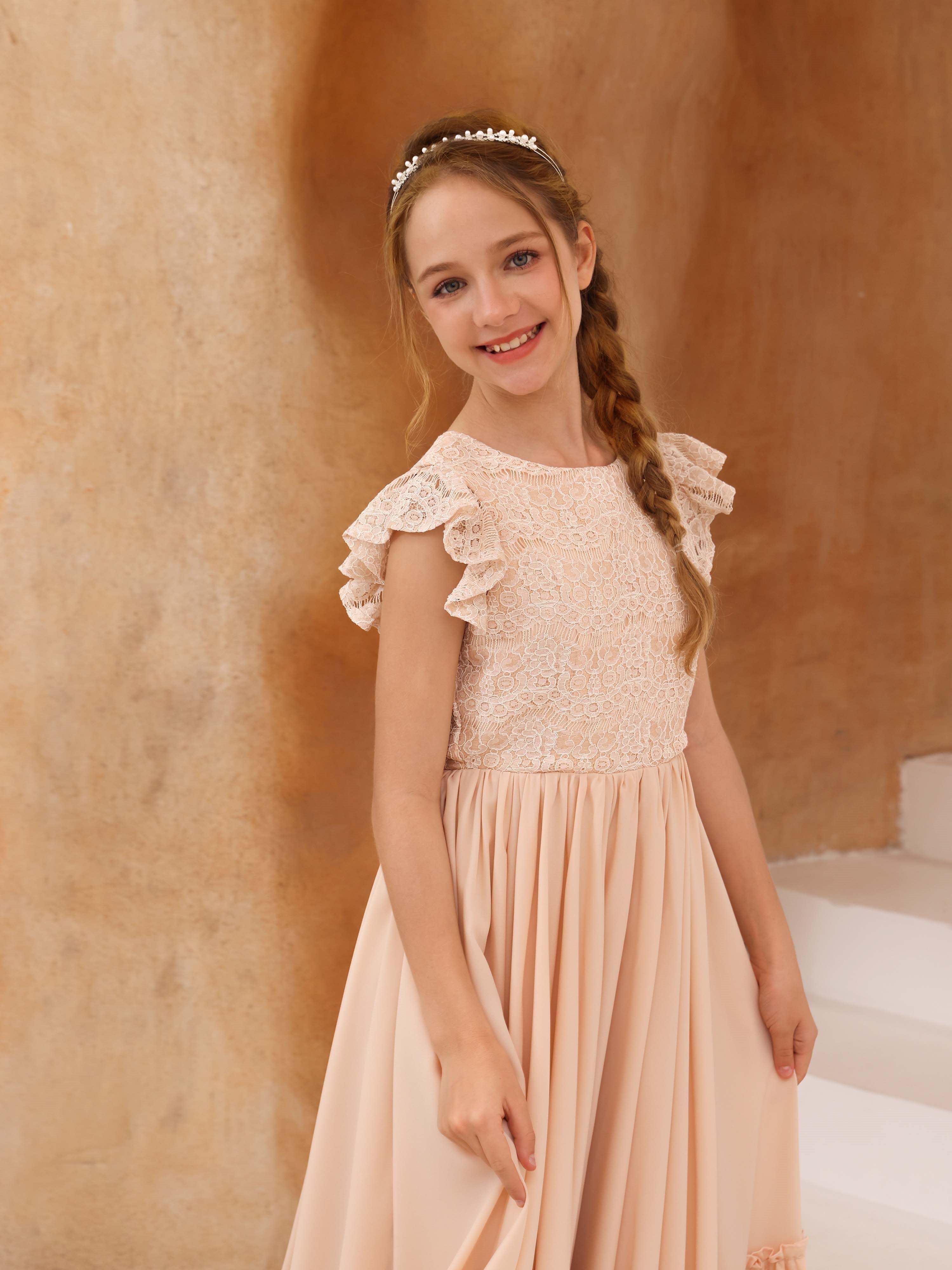 A-Line/Princess Lace Short Sleeves Scoop Neck Floor-Length Flower Girl Dresses