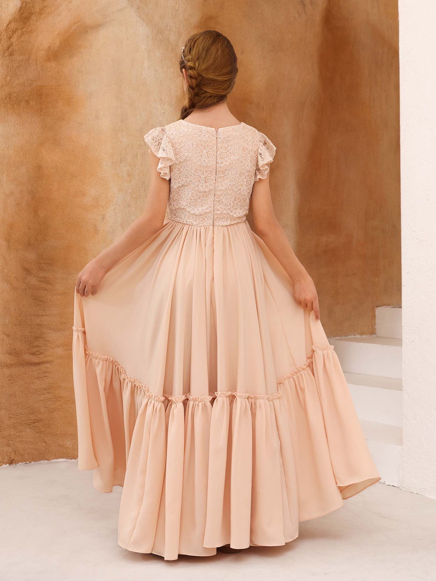 A-Line/Princess Lace Short Sleeves Scoop Neck Floor-Length Flower Girl Dresses