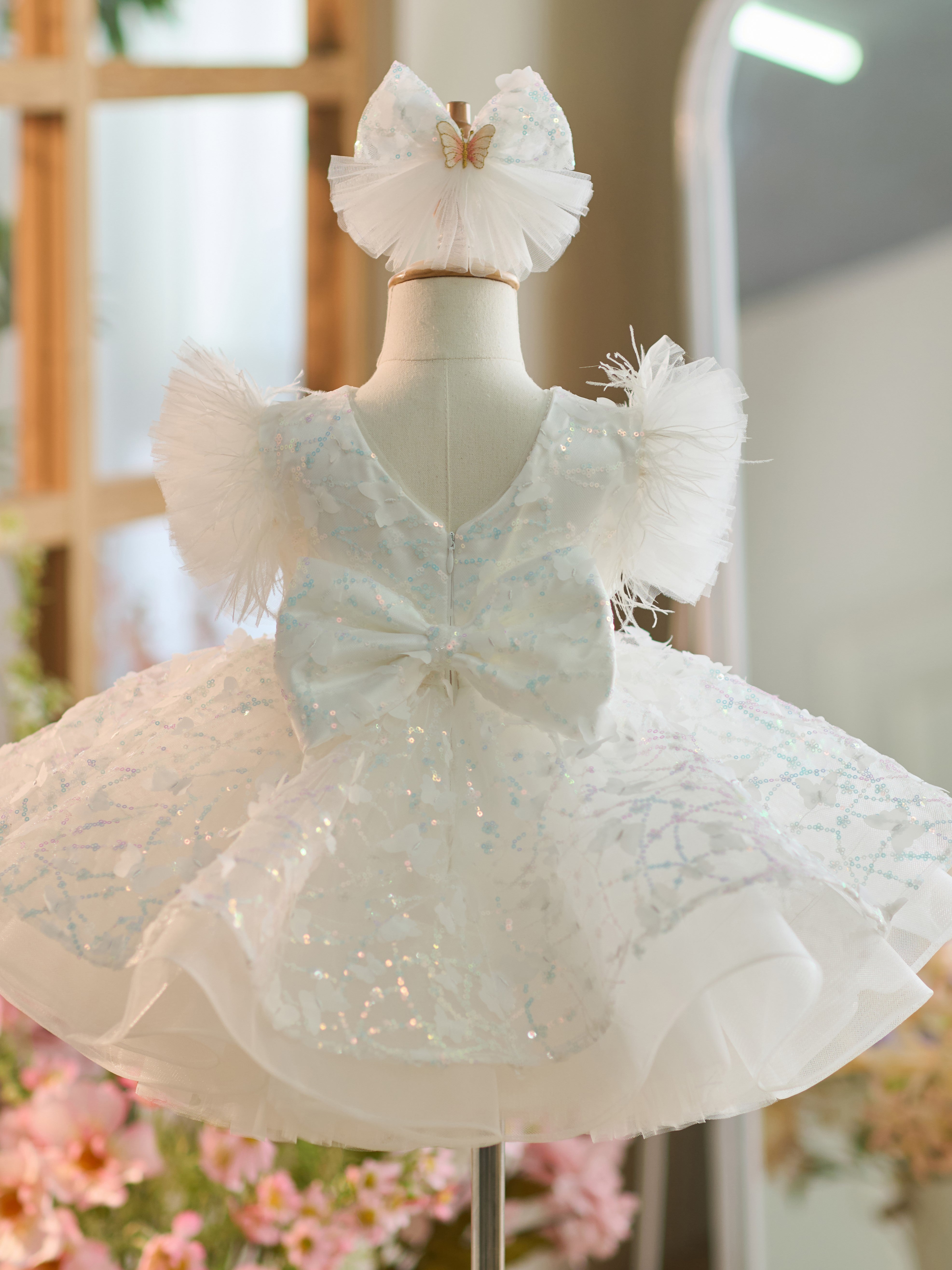 Sequins Tulle Knee-length 1st Birthday Party Dress