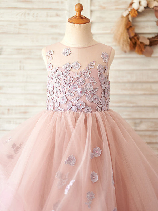 A-line Tulle Floor-length Pink Flower Girl Dress As Picture