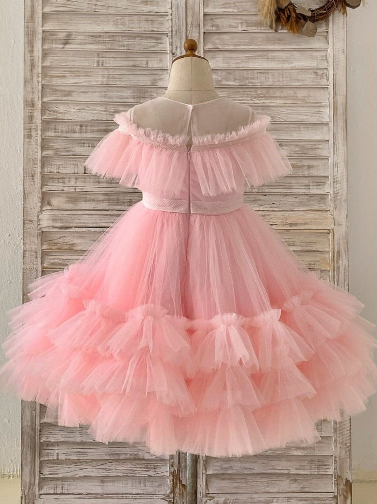 Tulle Knee-length Pink Girl's Party Dress