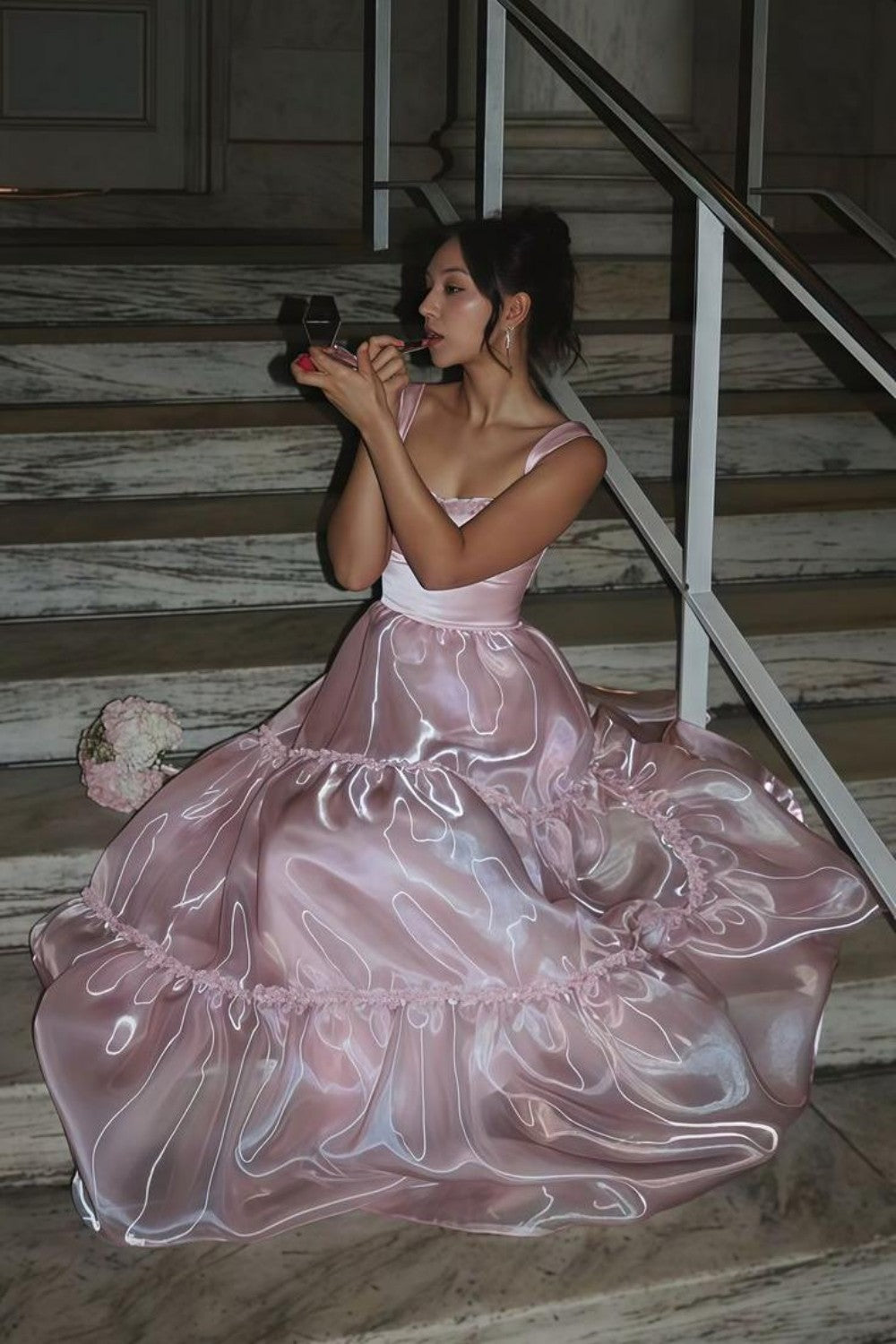 Princess A Line Spaghetti Straps Pink Long Prom Dress with Lace Ruffles