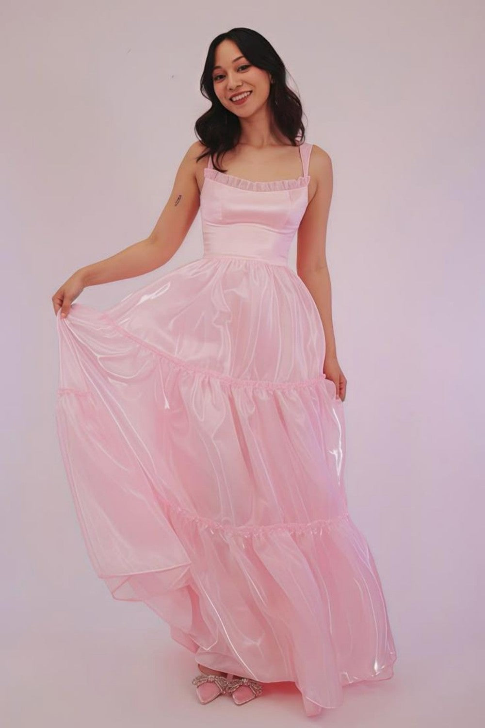 Princess A Line Spaghetti Straps Pink Long Prom Dress with Lace Ruffles