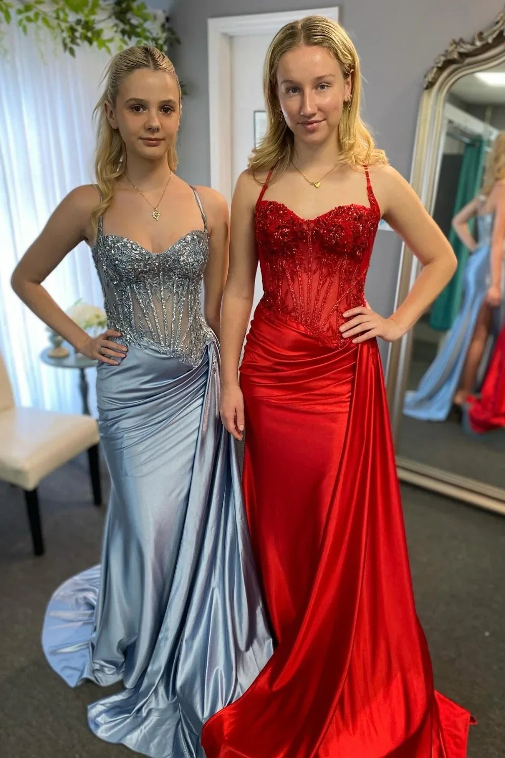 Gorgeous Mermaid Spaghetti Straps Silver Glitter Prom Dress with Split Slit