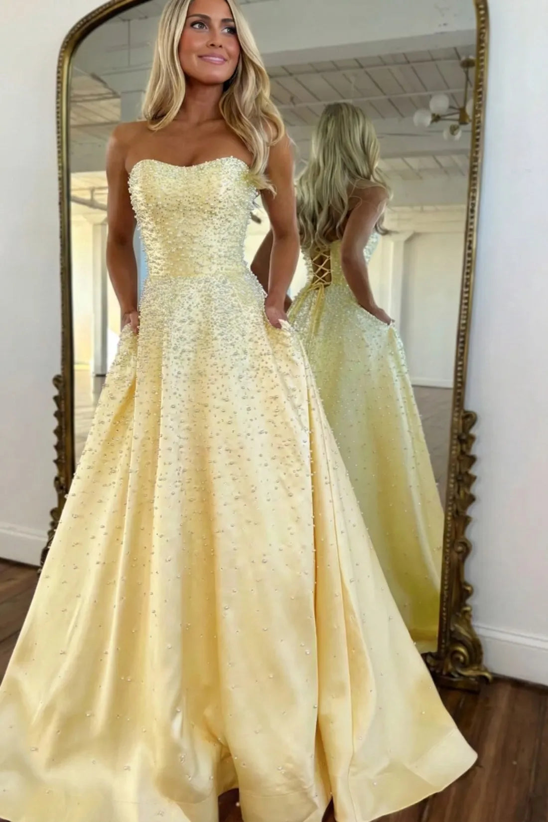 Light Pink Strapless Beaded Prom Dress A-Line Satin Gown with Corset Back