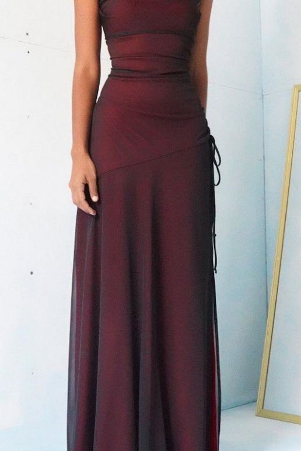 Simple Sheath Spaghetti Straps Burgundy Long Prom Dress with Split Front