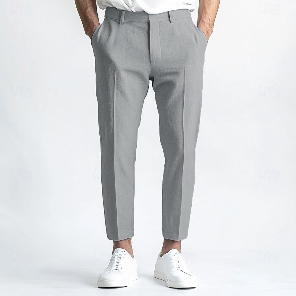 Men's Linen Straight Leg Plain Breathable Casual Daily Standard Fit Pants Light Gray