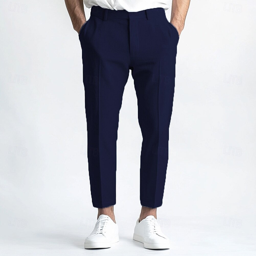 Men's Linen Straight Leg Plain Breathable Casual Daily Standard Fit Pants Navy Blue