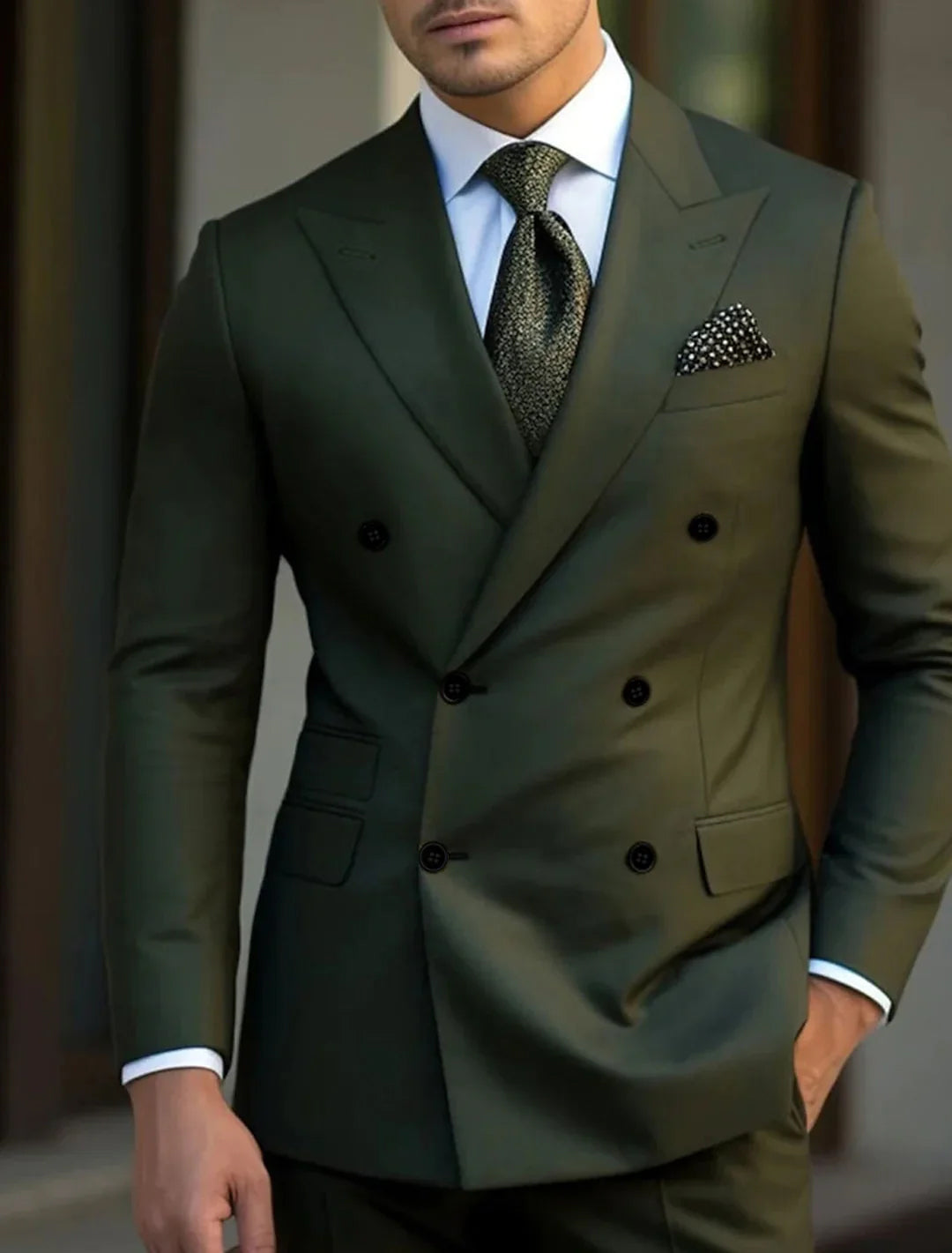 Green Men's Tailored Fit Double Breasted Six-buttons 2 Pieces Solid Colored Wedding Suits Dark Green