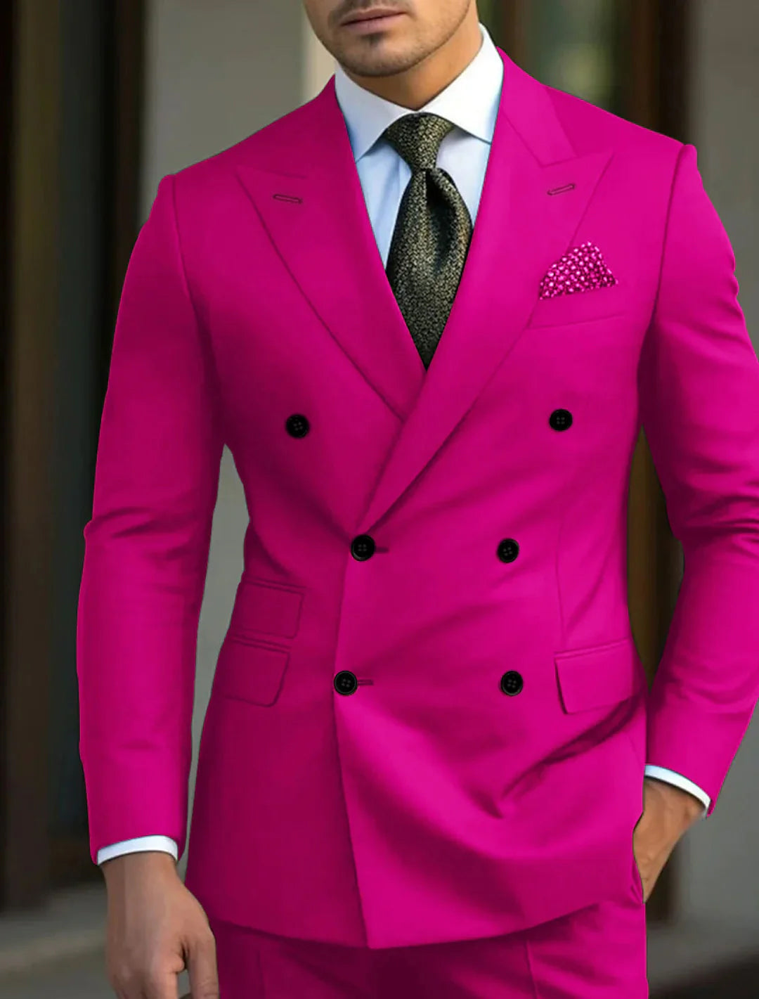 Green Men's Tailored Fit Double Breasted Six-buttons 2 Pieces Solid Colored Wedding Suits Fuchsia