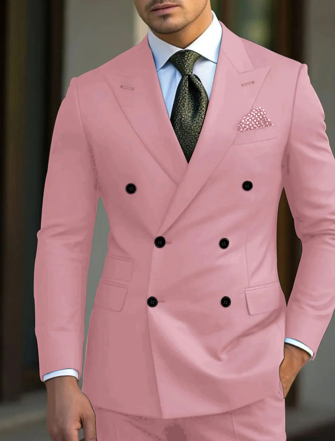 Green Men's Tailored Fit Double Breasted Six-buttons 2 Pieces Solid Colored Wedding Suits Pink
