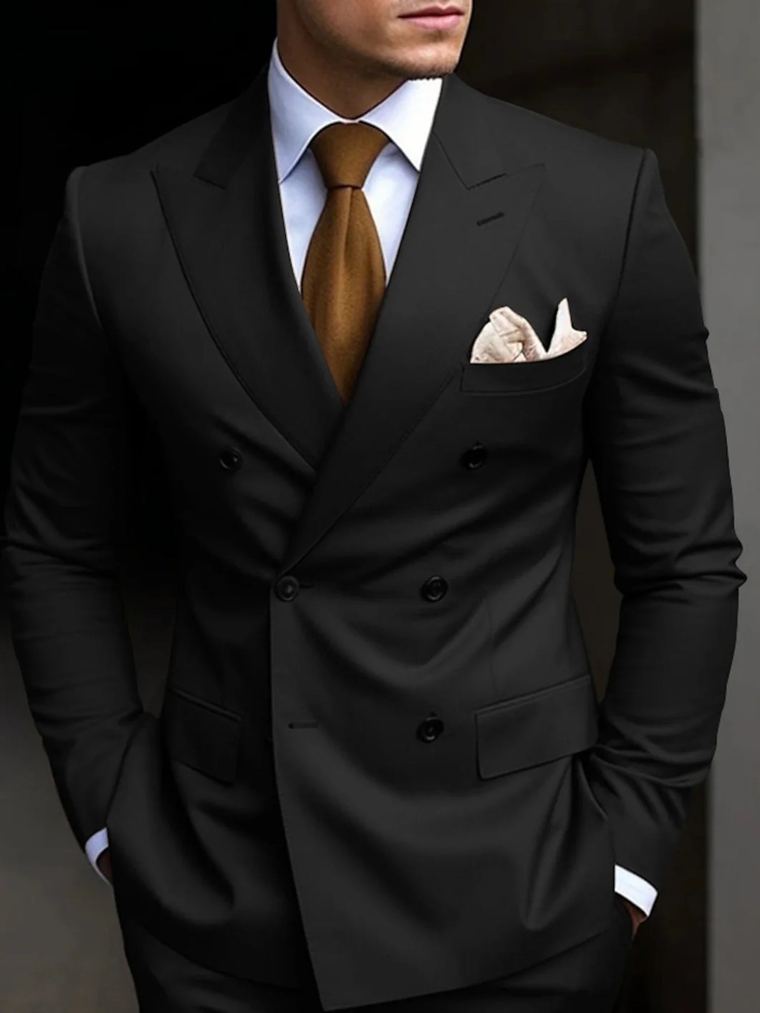 Men's Tailored Fit Double Breasted Six-buttons 2 Pieces Solid Colored Wedding Suits Black