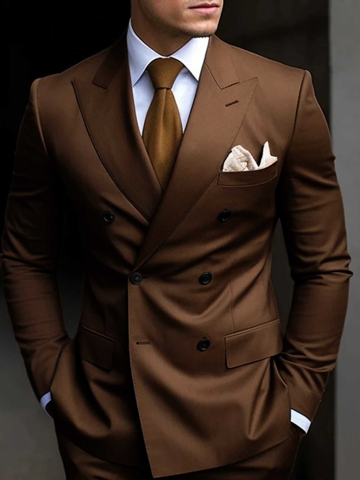 Men's Tailored Fit Double Breasted Six-buttons 2 Pieces Solid Colored Wedding Suits Brown