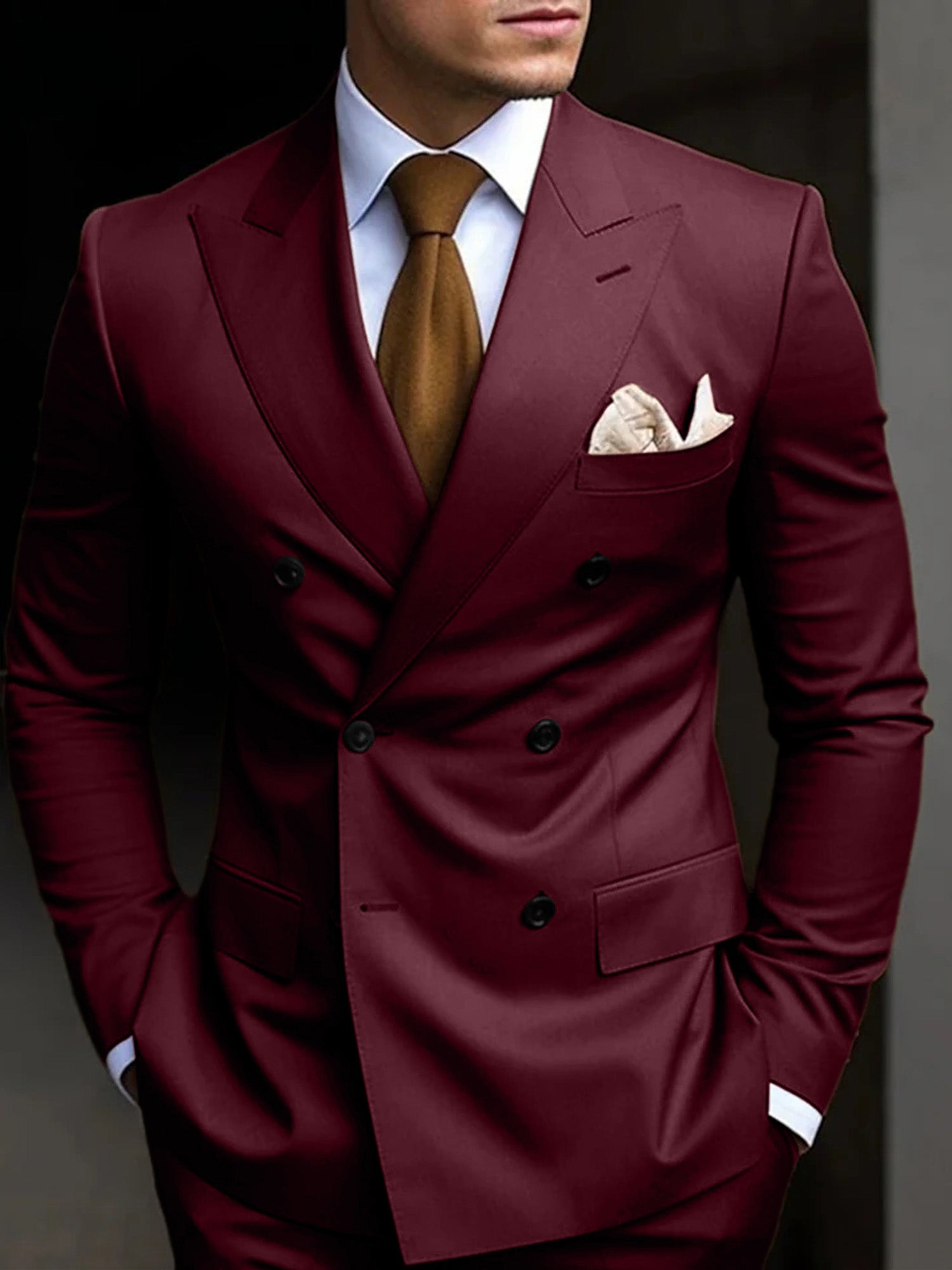 Men's Tailored Fit Double Breasted Six-buttons 2 Pieces Solid Colored Wedding Suits Burgundy