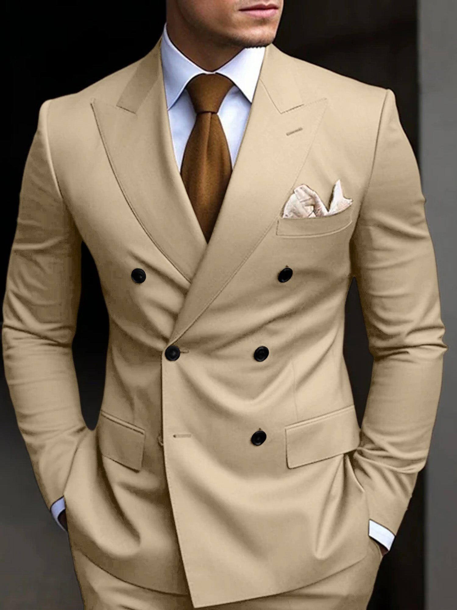 Men's Tailored Fit Double Breasted Six-buttons 2 Pieces Solid Colored Wedding Suits Champagne