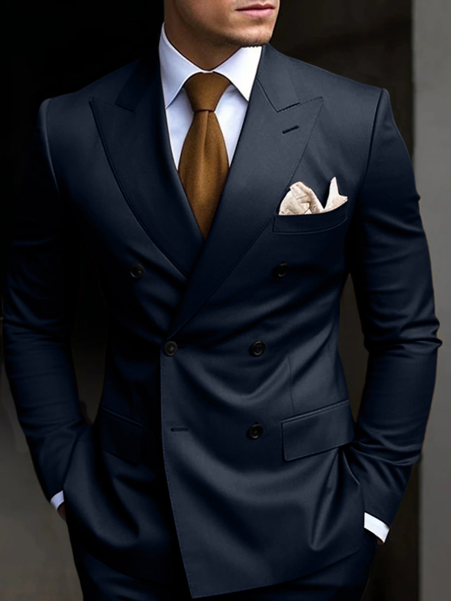 Men's Tailored Fit Double Breasted Six-buttons 2 Pieces Solid Colored Wedding Suits Dark Navy