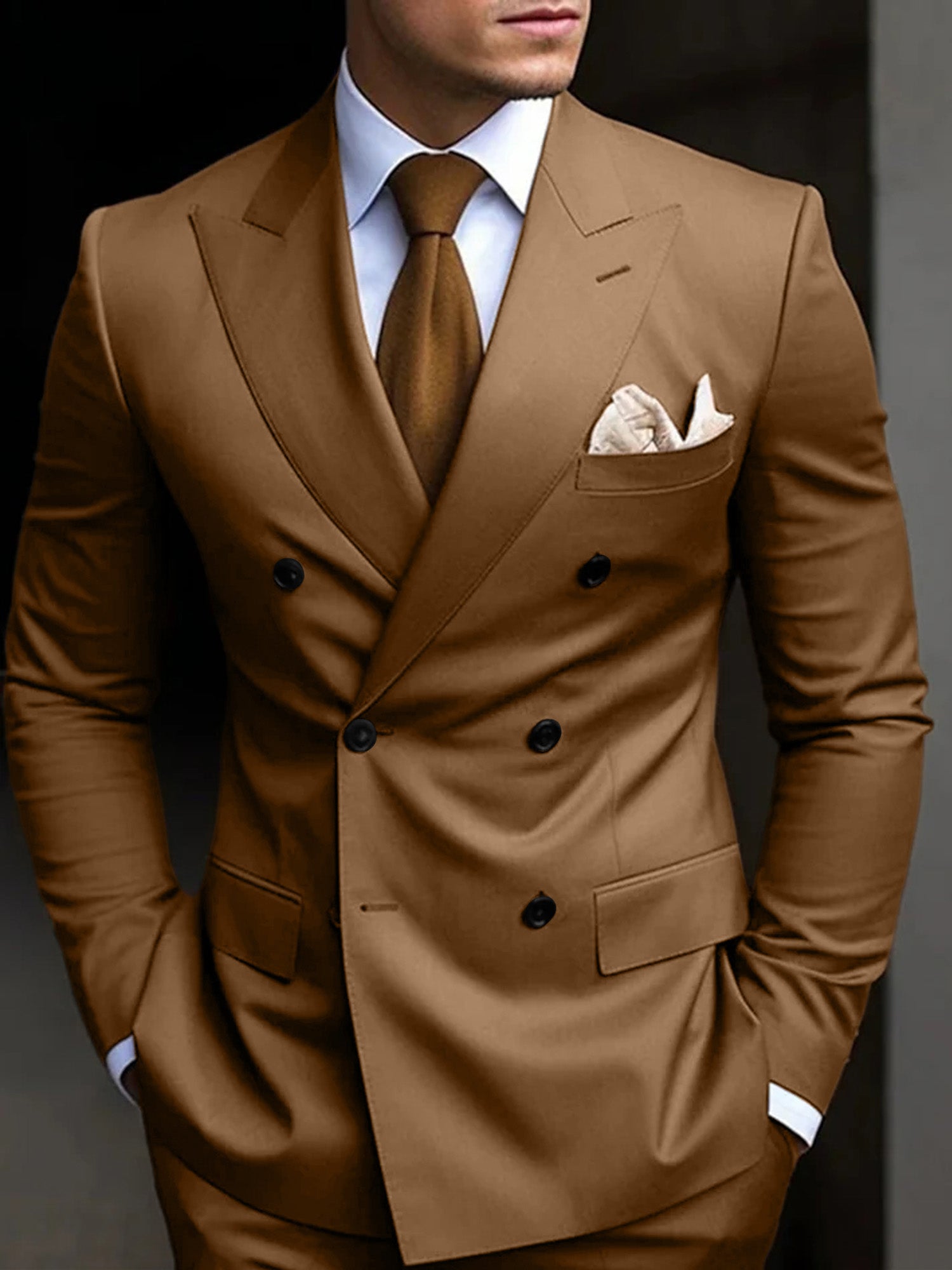 Men's Tailored Fit Double Breasted Six-buttons 2 Pieces Solid Colored Wedding Suits Khaki