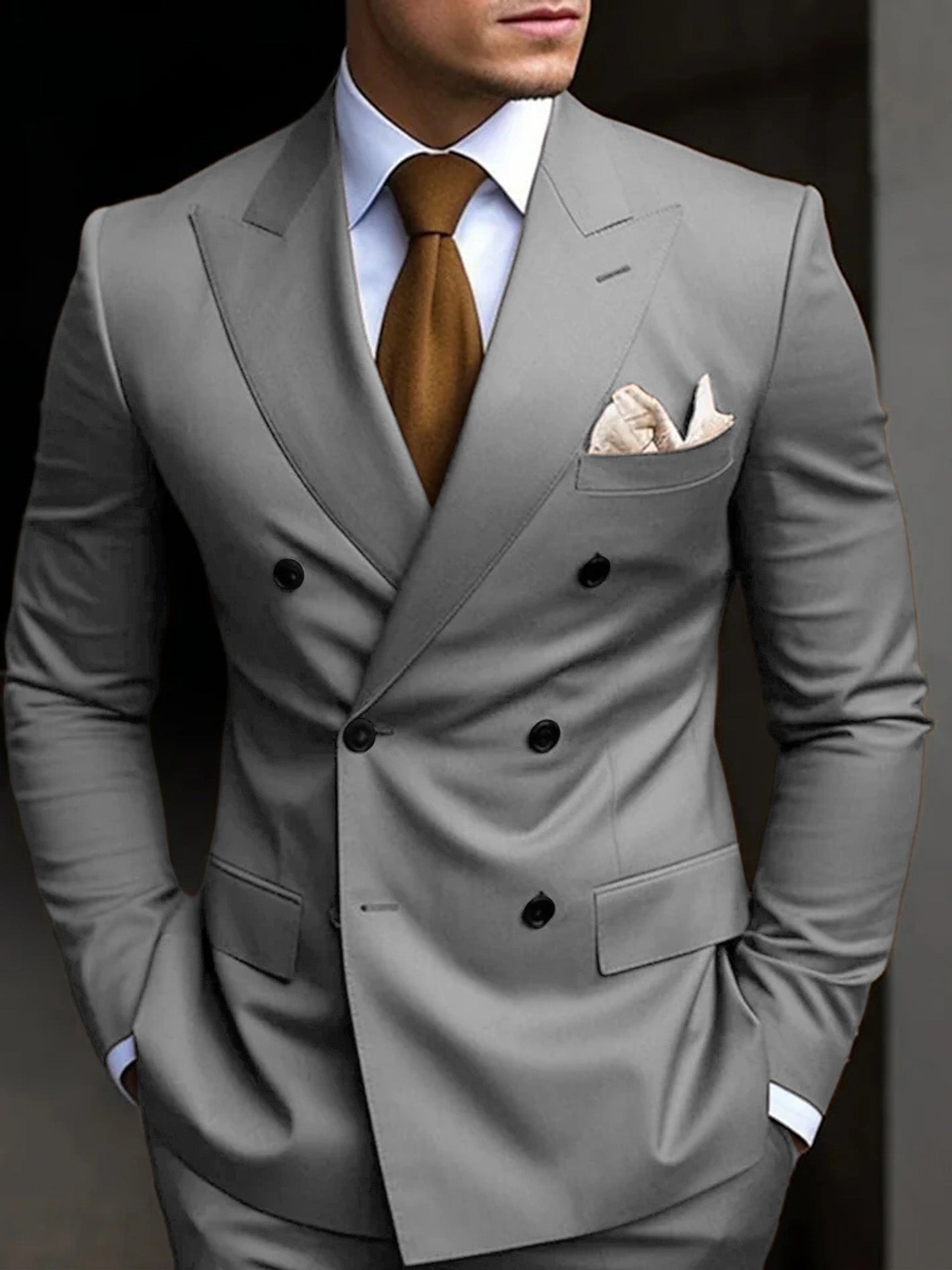 Men's Tailored Fit Double Breasted Six-buttons 2 Pieces Solid Colored Wedding Suits Light Gray