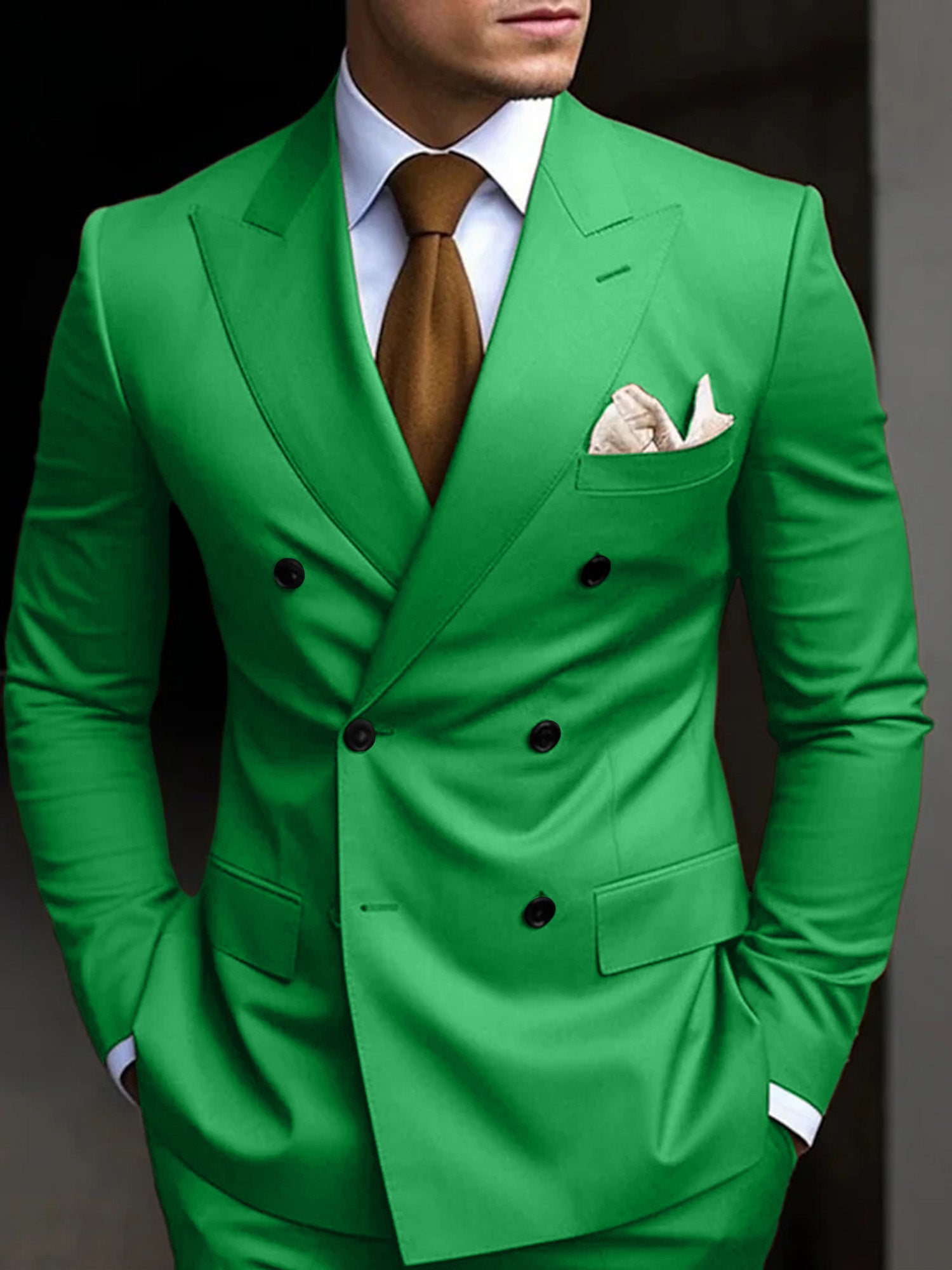 Men's Tailored Fit Double Breasted Six-buttons 2 Pieces Solid Colored Wedding Suits Lime Green