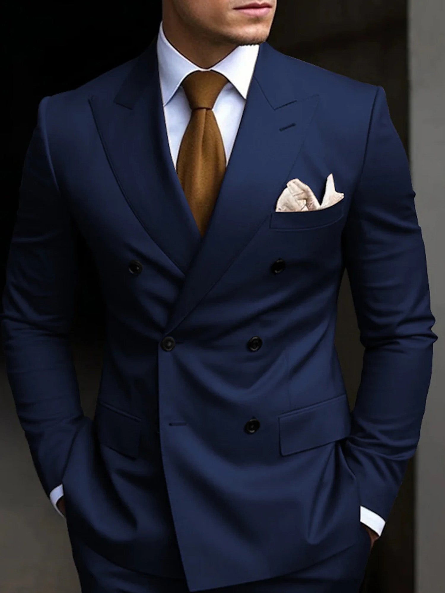 Men's Tailored Fit Double Breasted Six-buttons 2 Pieces Solid Colored Wedding Suits Navy Blue