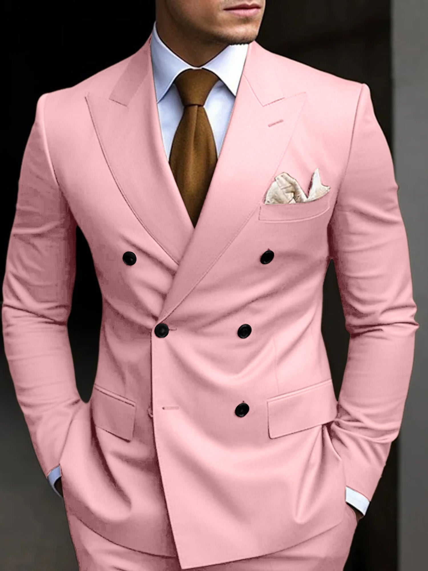 Men's Tailored Fit Double Breasted Six-buttons 2 Pieces Solid Colored Wedding Suits Pink